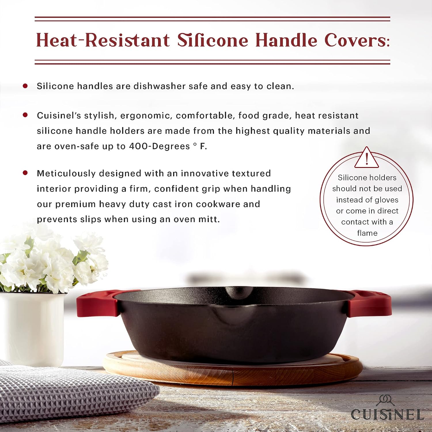 Cuisinel Cast Iron Skillet with Lid - 10"-Inch Pre-Seasoned Frying Pan + Glass Cover + Heat-Resistant Handle Holder - Indoor/Outdoor Use - Grill, Stove, Camp Firepit, Induction - Oven Safe Cookware