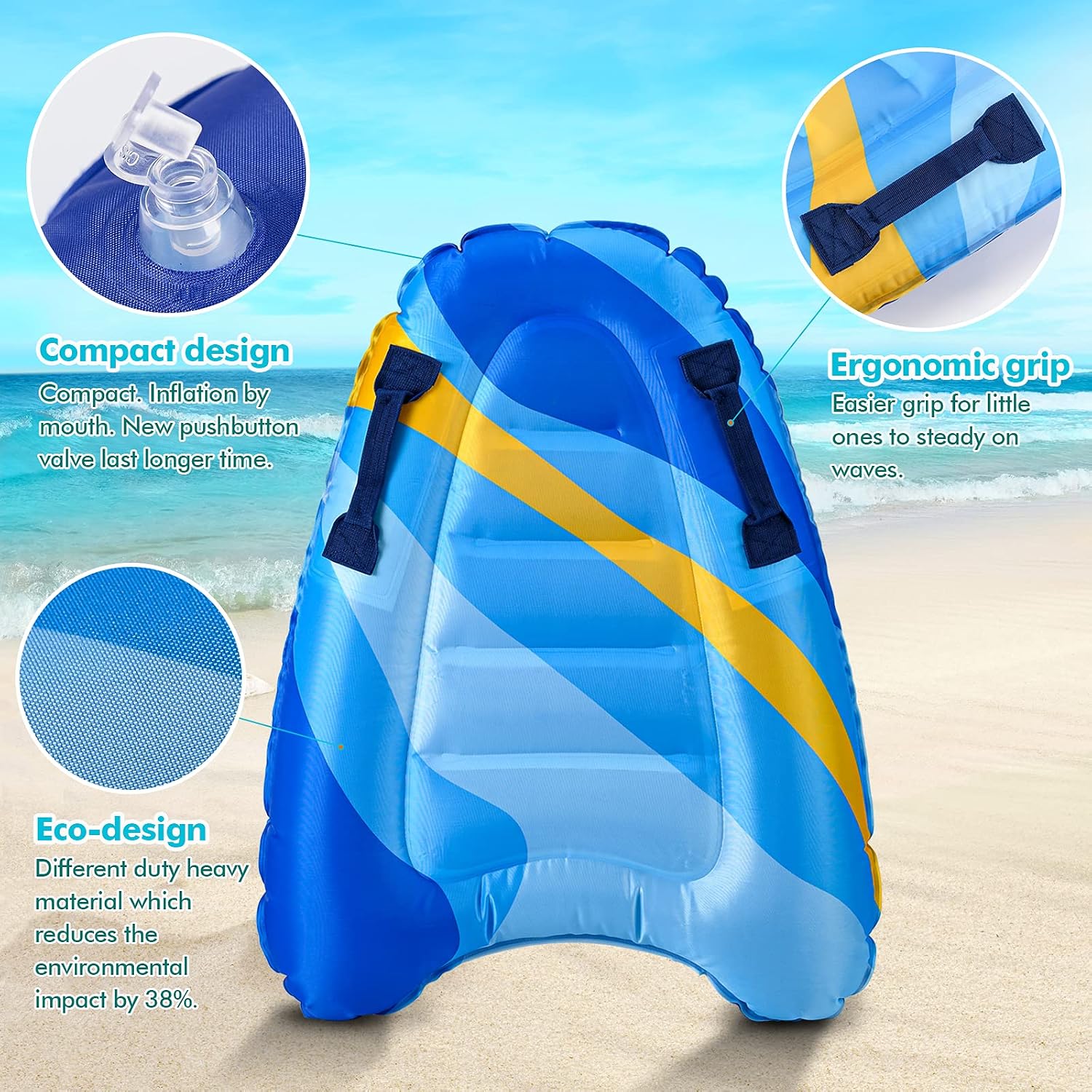Inflatable Boogy Boards for Beach Travel Toys, 30” Cavas Slip Slide Water Park Body Surfing Board with Handles