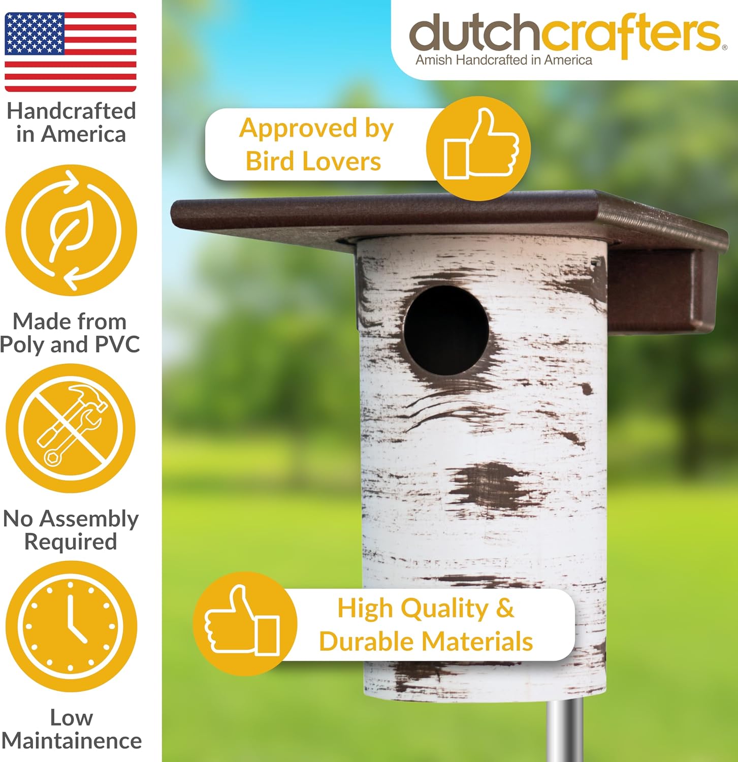 DutchCrafters Pole Mount Gilbertson Bluebird House with Removable Base, Durable Weatherproof Birdhouse Blue Bird Nesting Box for Outdoors (Poly Roof, 1 1/2" Entrance Hole)