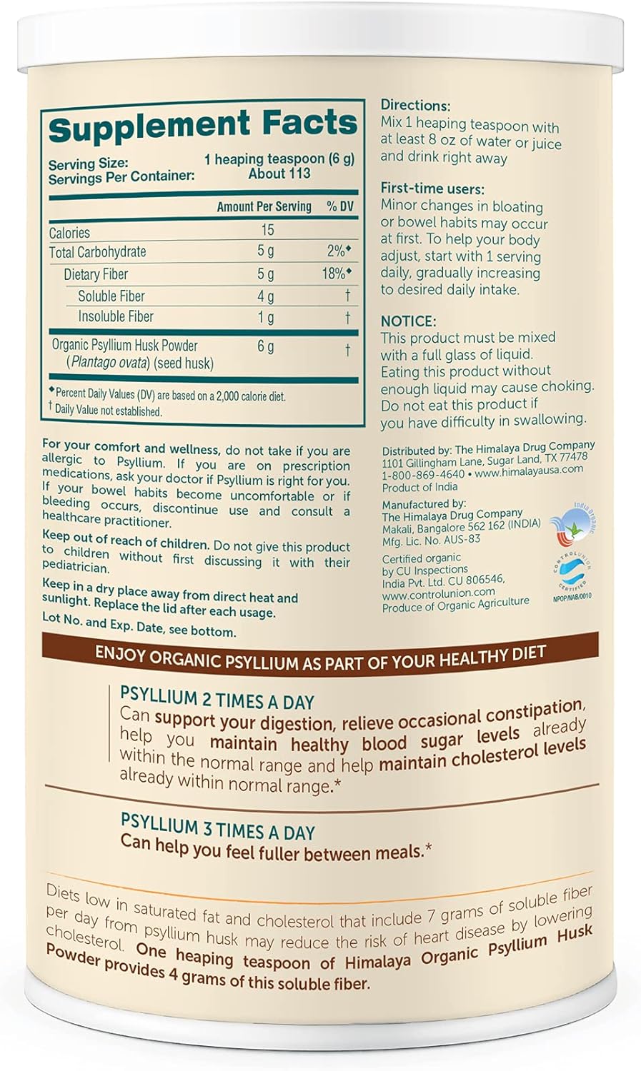 Himalaya USDA Organic Psyllium Whole Husk Powder, Natural Daily Fiber Supplement, Regularity, Appetite Management, Non-GMO, 56-Tablespoon Supply, Unflavored, 12 Oz