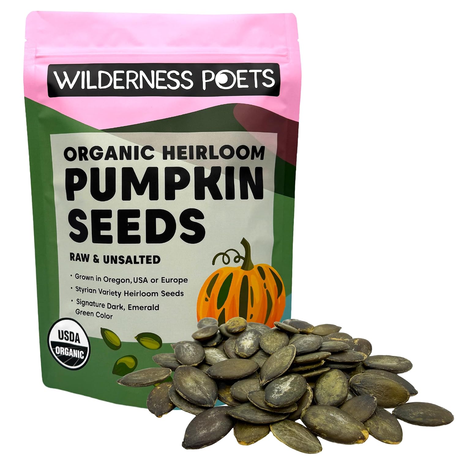 Wilderness Poets, Organic Heirloom Pumpkin Seeds - Styrian Variety, No Shells, Naturally Hulless. Unsalted, Bulk Size, Grown in Oregon, USA or Europe (32 Ounce - 2 Pound)