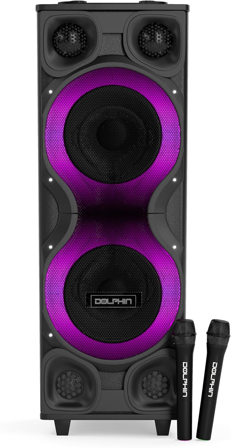 Dolphin Bluetooth Party Speaker with 2 Wireless Mics, Dual 12" Woofers | 120W Output, X-BASS, MDF Wood Cabinet, LED Infinity Lights, USB/TF/FM/AUX