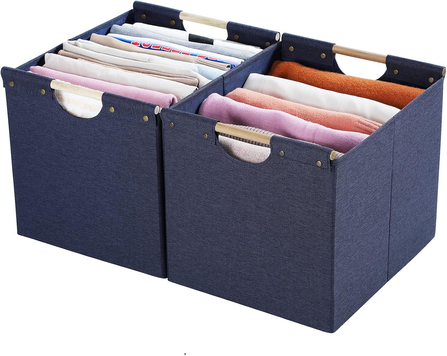 HOONEX Large Collapsible Storage Bins, Linen Fabric, 2 Pack, Storage Baskets with Wooden Carry Handles and Sturdy Heavy Cardboard, for Home, Office