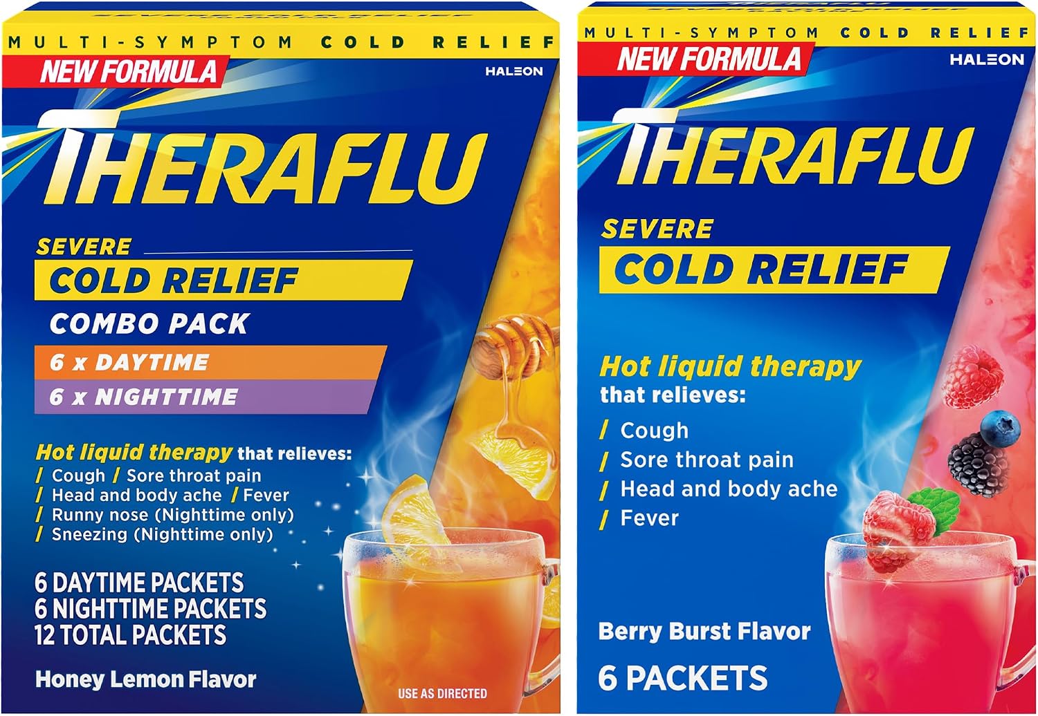 Theraflu Day and Night Pack, Severe Cold Relief, 18 Packets | Cold, Cough, and Flu Relief Powder for Use in Hot Liquids, Dual Formulas for Day and Night, Multiple Tea Flavors