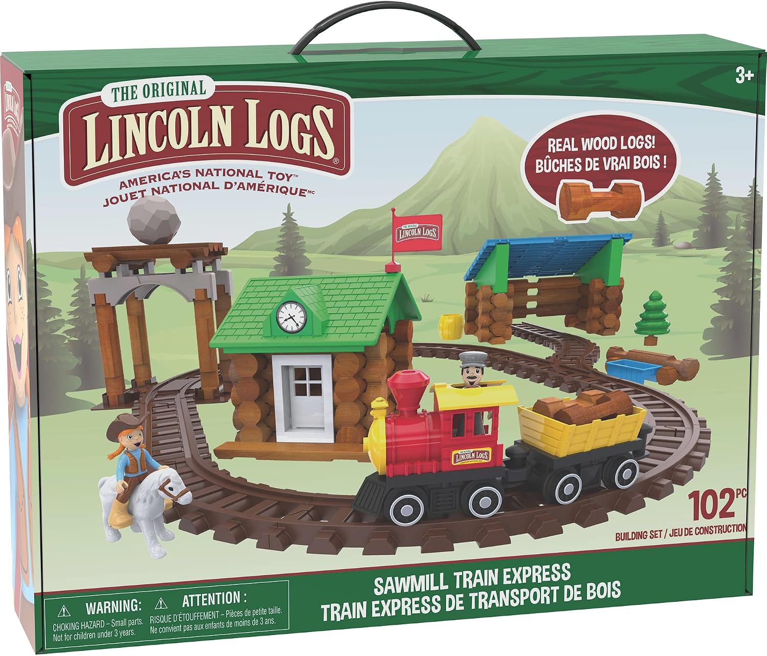 LINCOLN LOGS-Sawmill Express Train - 101 Parts - Real Wood Logs - Buildable Train Track-Ages 3+ - Best Retro Building Gift Set for