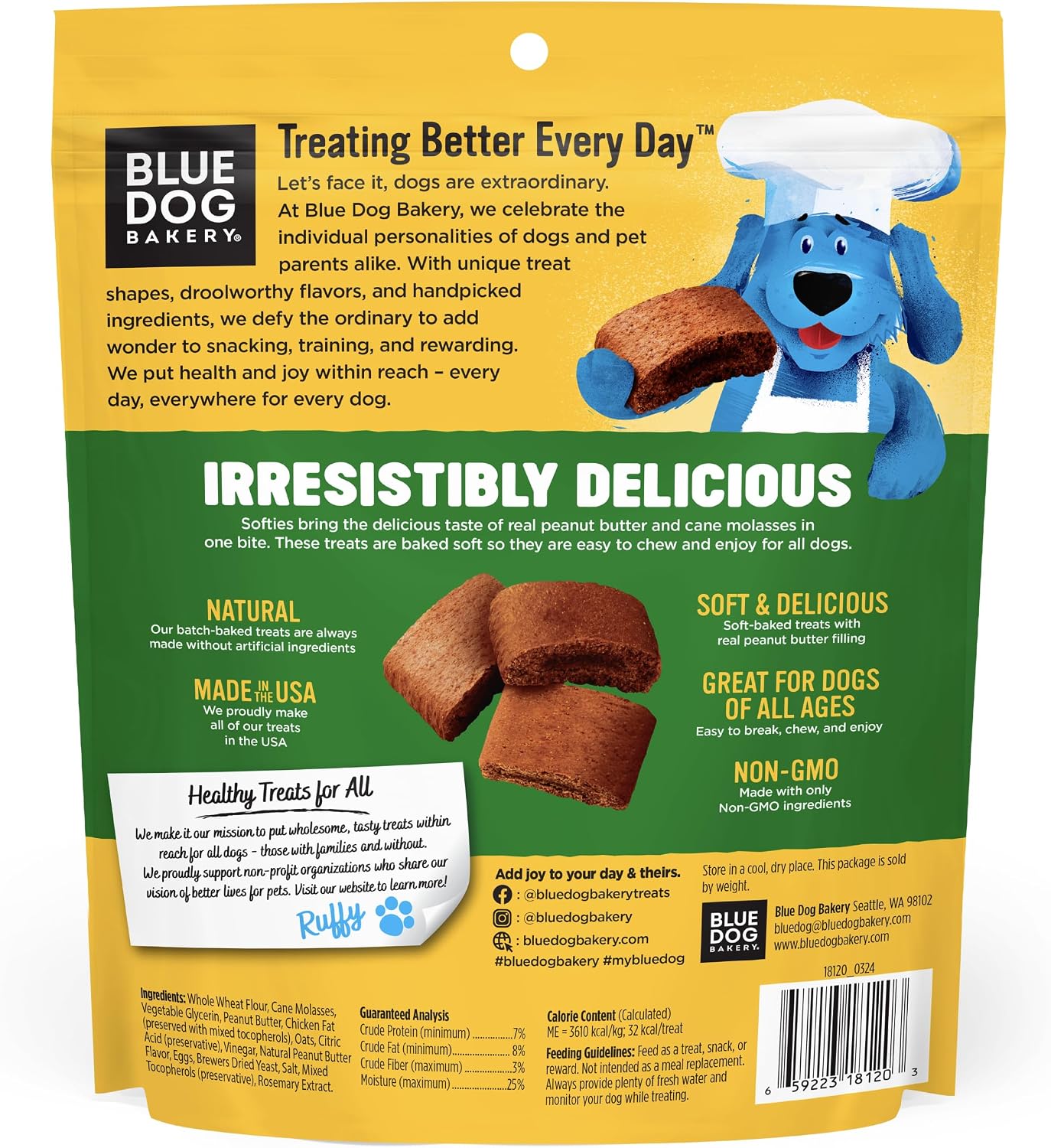 Blue Dog Bakery Natural Dog Treats, Softies, Peanut Butter Flavor, 16.2oz Bag, 6 Bags | Soft & Chewy Oven-Baked Dog Treat Chews, Made with Real Peanut Butter & Other Real Premium Wholesome Ingredients in the USA