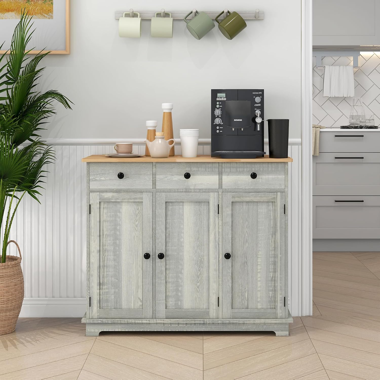 HOMCOM Sideboard Buffet Cabinet Solid Wood Countertop White