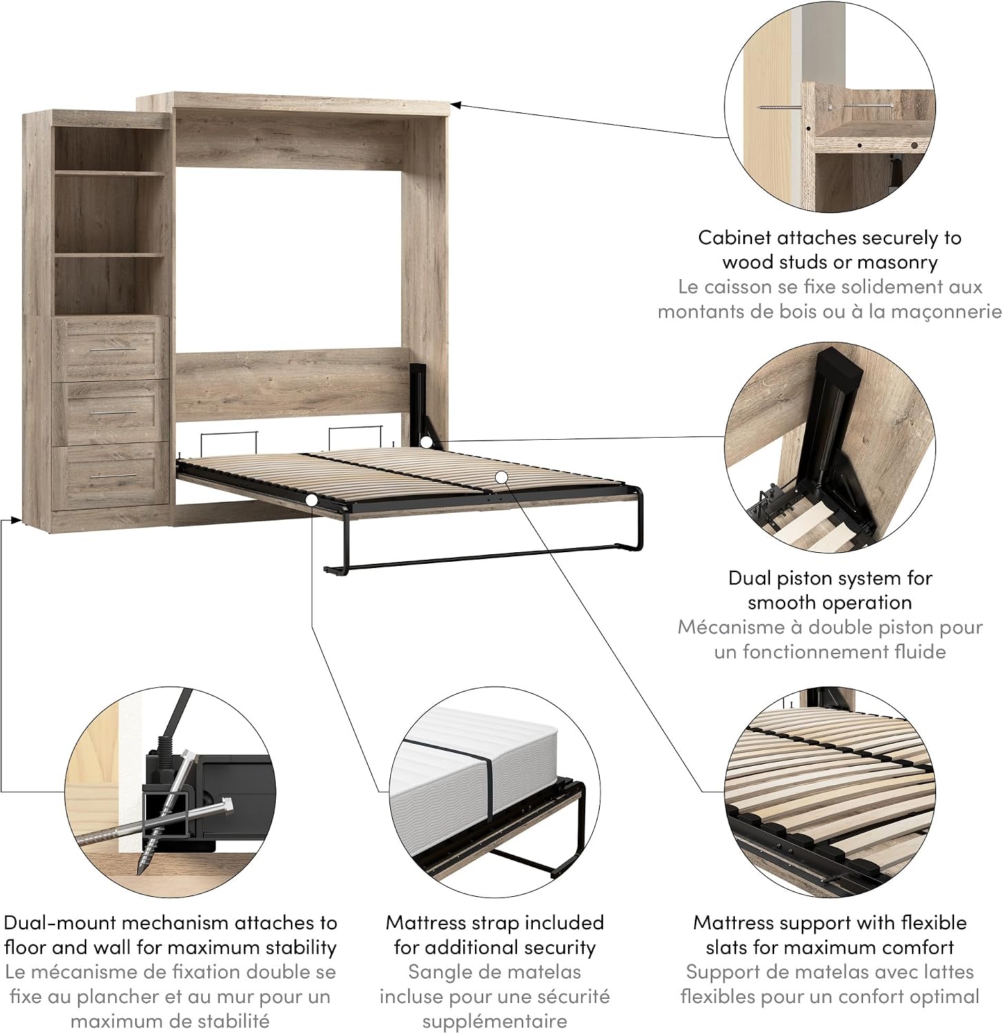 Bestar Pur Queen Murphy Bed, 65-inch Space-Saving Sleeping Arrangement for Multipurpose Area, Bedroom, Guest Room, or Living Room | Dual piston mechanism; for guest room or multipurpose space; Shaker-inspired trim with metal handles
