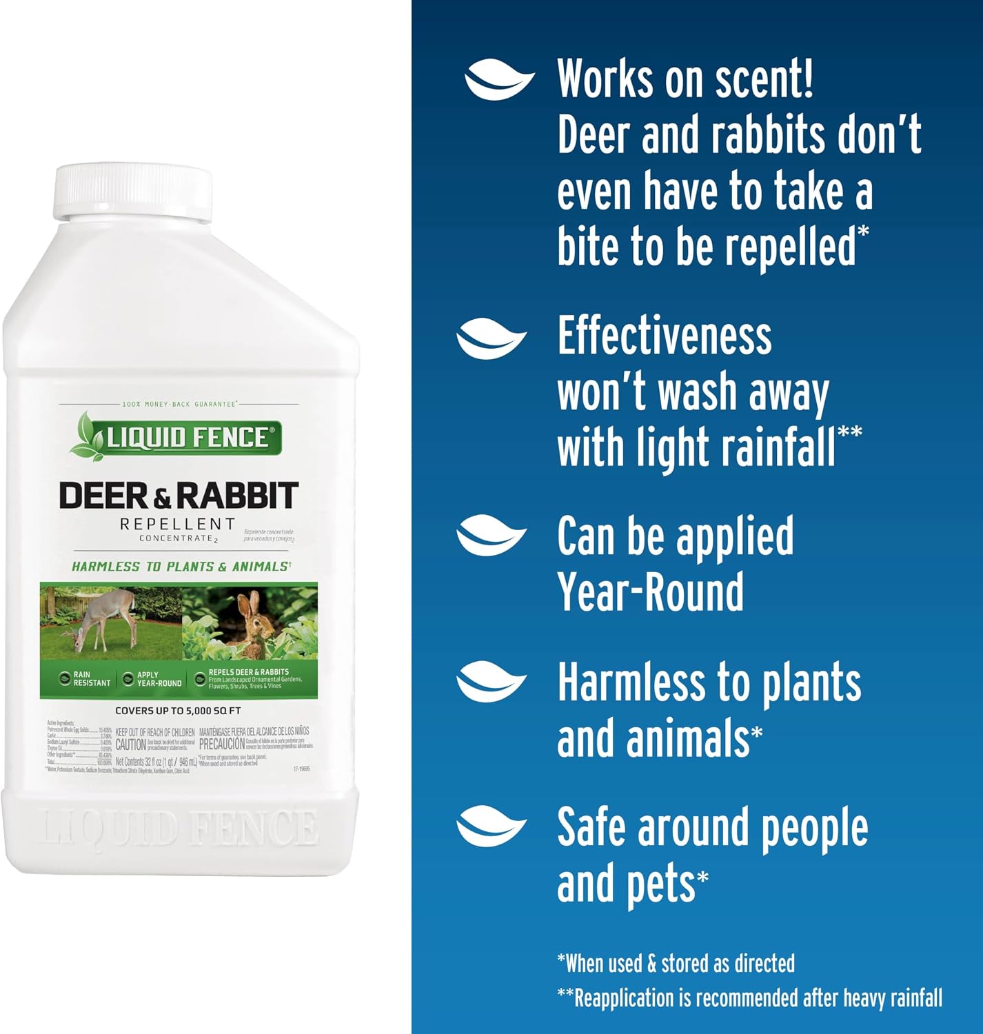 Liquid Fence Deer And Rabbit Repellent Concentrate 32 Ounces, Apply Year-Round | Use to Treat on Gardens, Flowers, Shrubs, Trees & Vines, Covers up to 5,000 Sq. Ft., Harmless to Plants & Animals