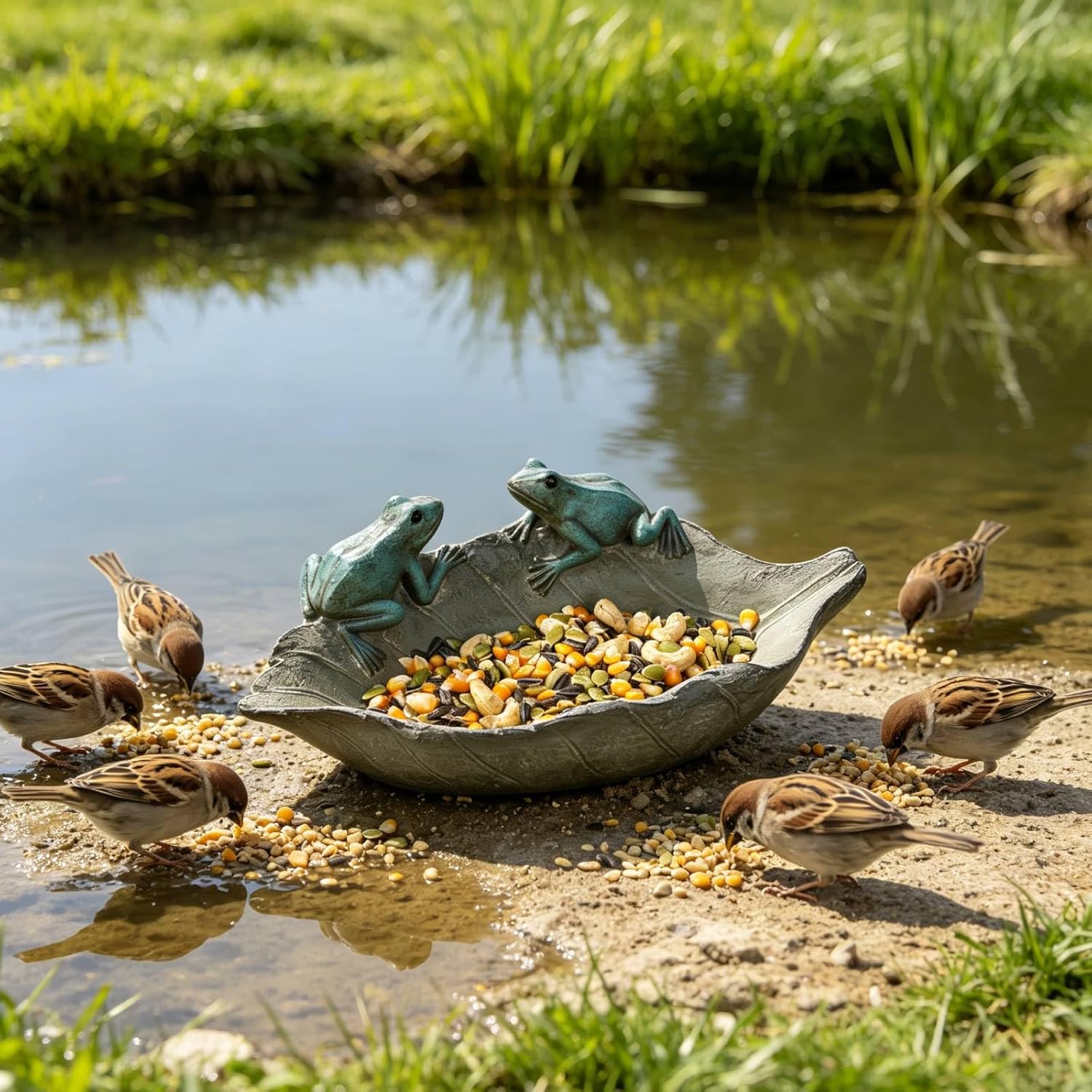 Bird-Feeder Wild Bird-Bath Bowl Outdoors - Garden Decor Polyresin Birds on Leaf 12.4 * 7.5 * 4.1 Inch-Newman House Studio