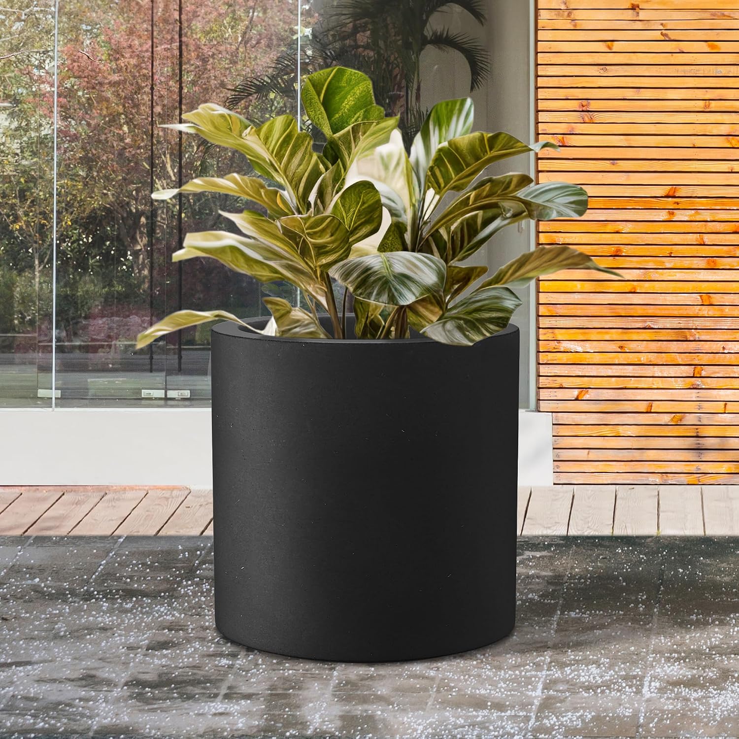 Kante Large Round Cylinder Charcoal Concrete Planter 15.8" Tall, Outdoor