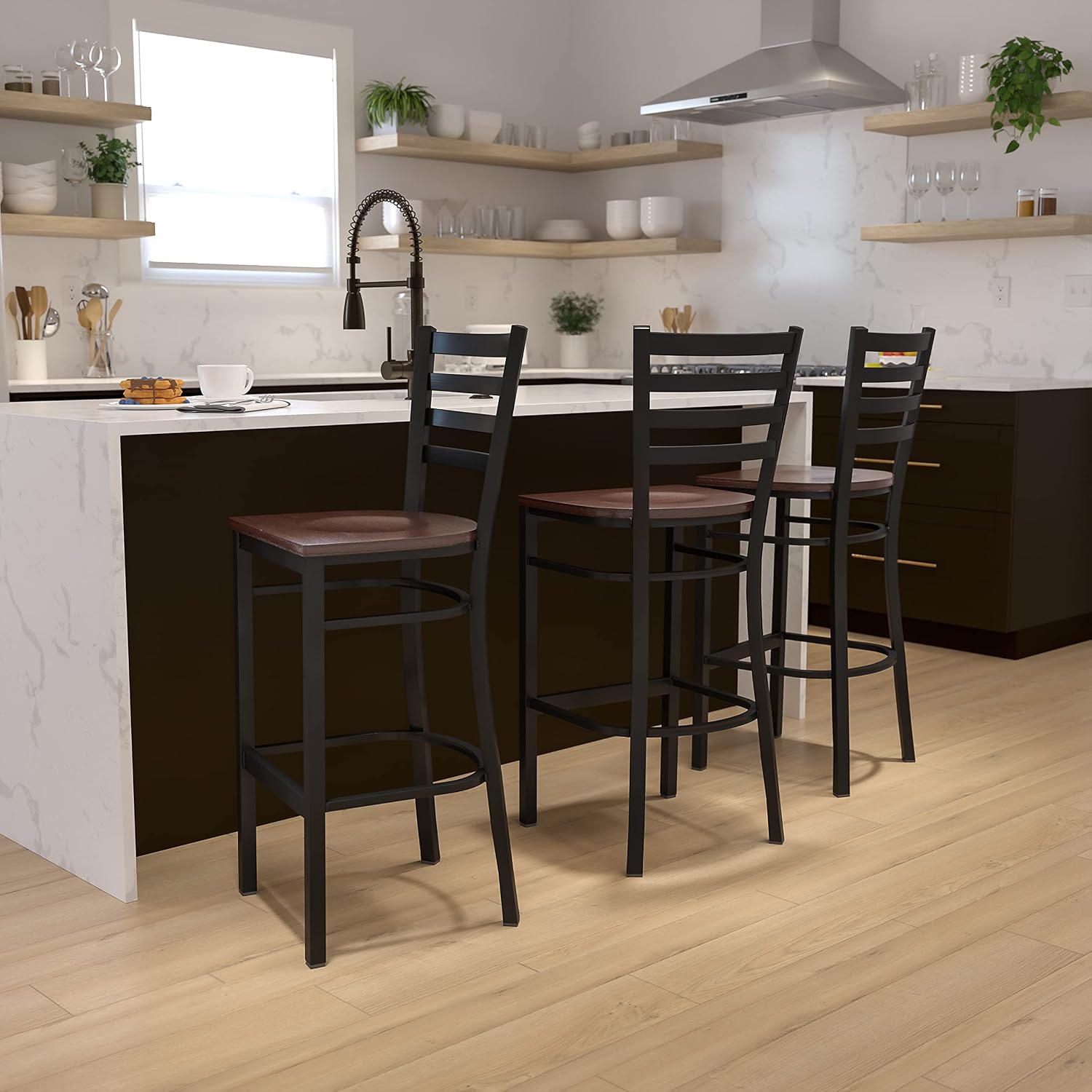 Flash Furniture Hercules Series Ladder Back Metal Restaurant Barstool, Modern Upholstered Armless Bar Height Chair for Restaurants and Kitchens, Black | Vinyl Upholstery, Durable Construction, Commercial Use