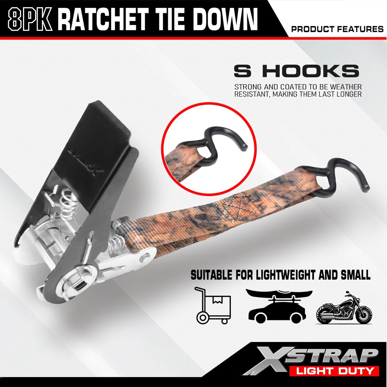 XSTRAP STANDARD 8-PK Ratchet Tie Down Straps, 1" x 10ft Cargo Strap, Yellow
