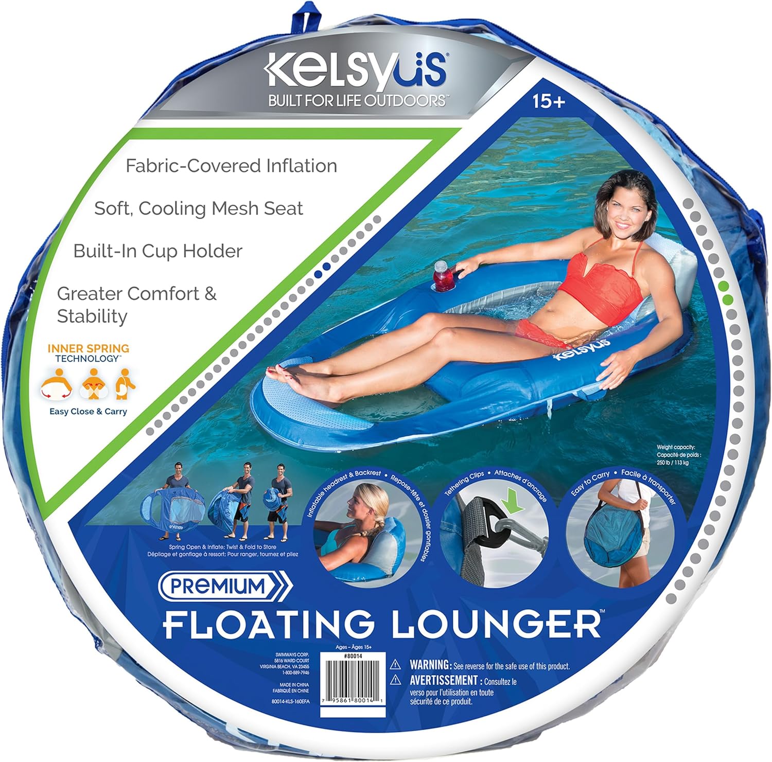 Kelsyus Spring Float Pool Lounger Chair, Light Blue | Fast Inflation for Immediate Use During Travel, Fits Most Adults and Teens