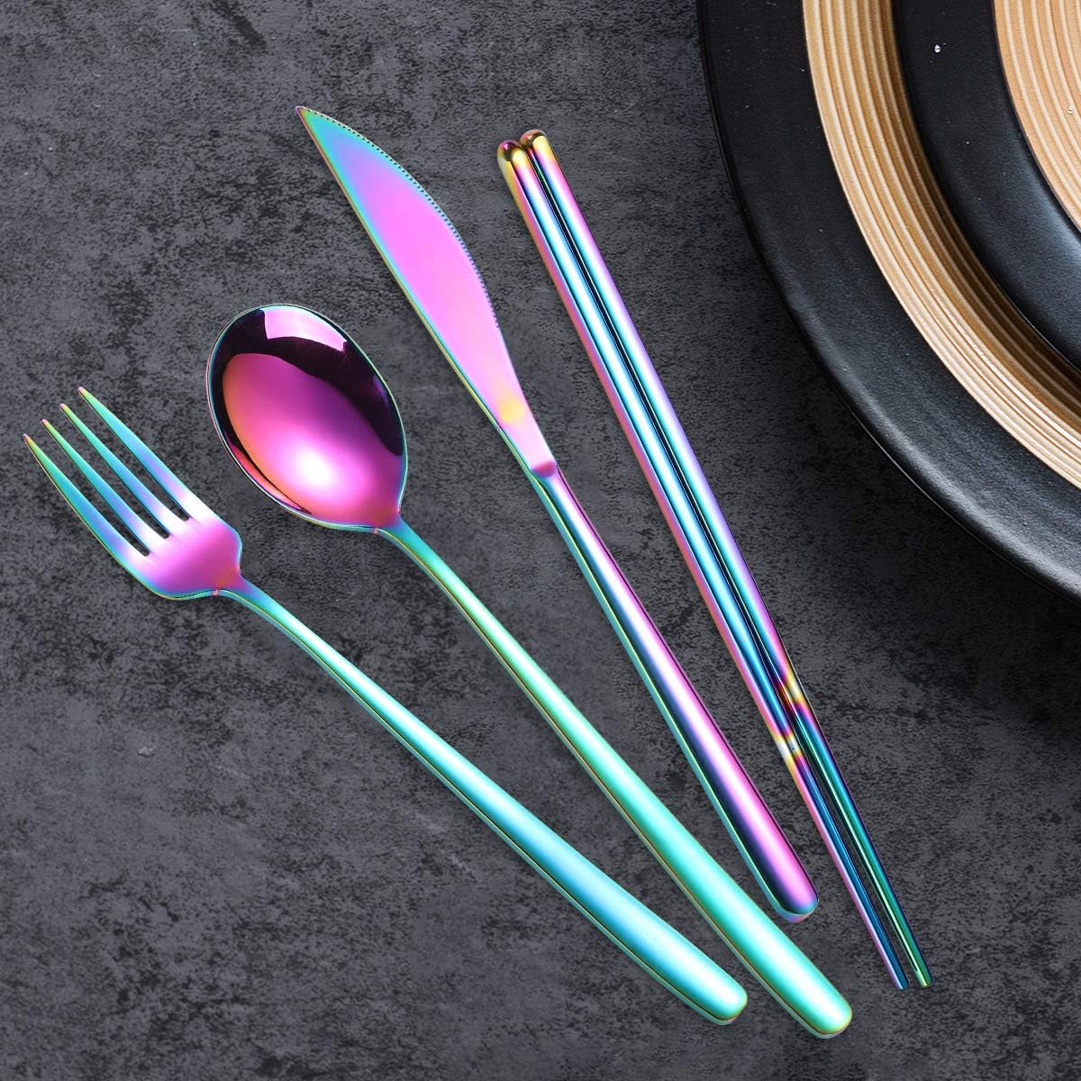 AARAINBOW 6 Pieces 18/8 Stainless Steel Flatware Set Portable Reusable Cutlery Set Travel Utensils Set Including Chopsticks Knife Fork Spoon Straws
