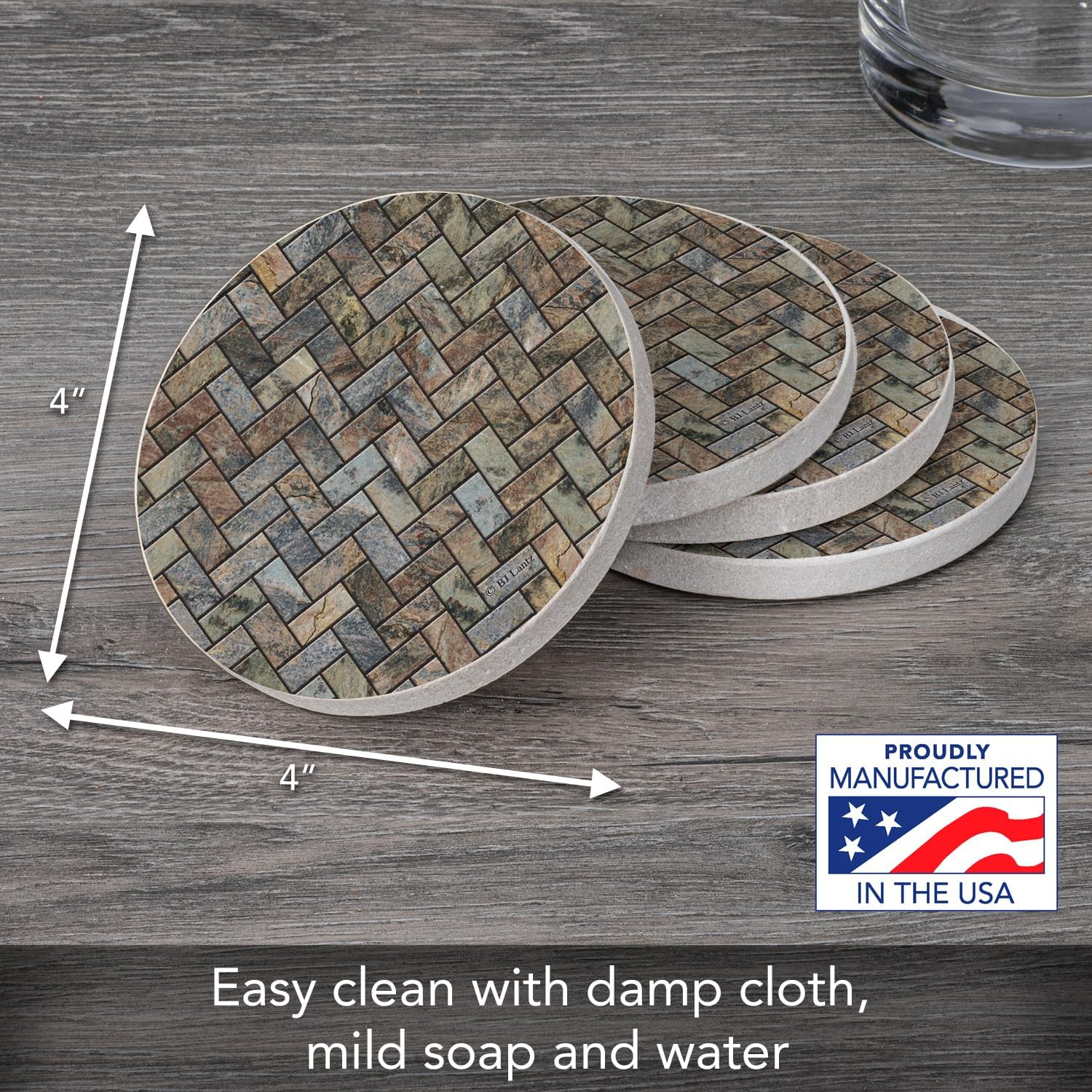 Thirstystone Herringbone Pattern Natural Sandstone Coaster 4 Pack | Eco-Friendly, Absorbent, Easily Wipes Clean