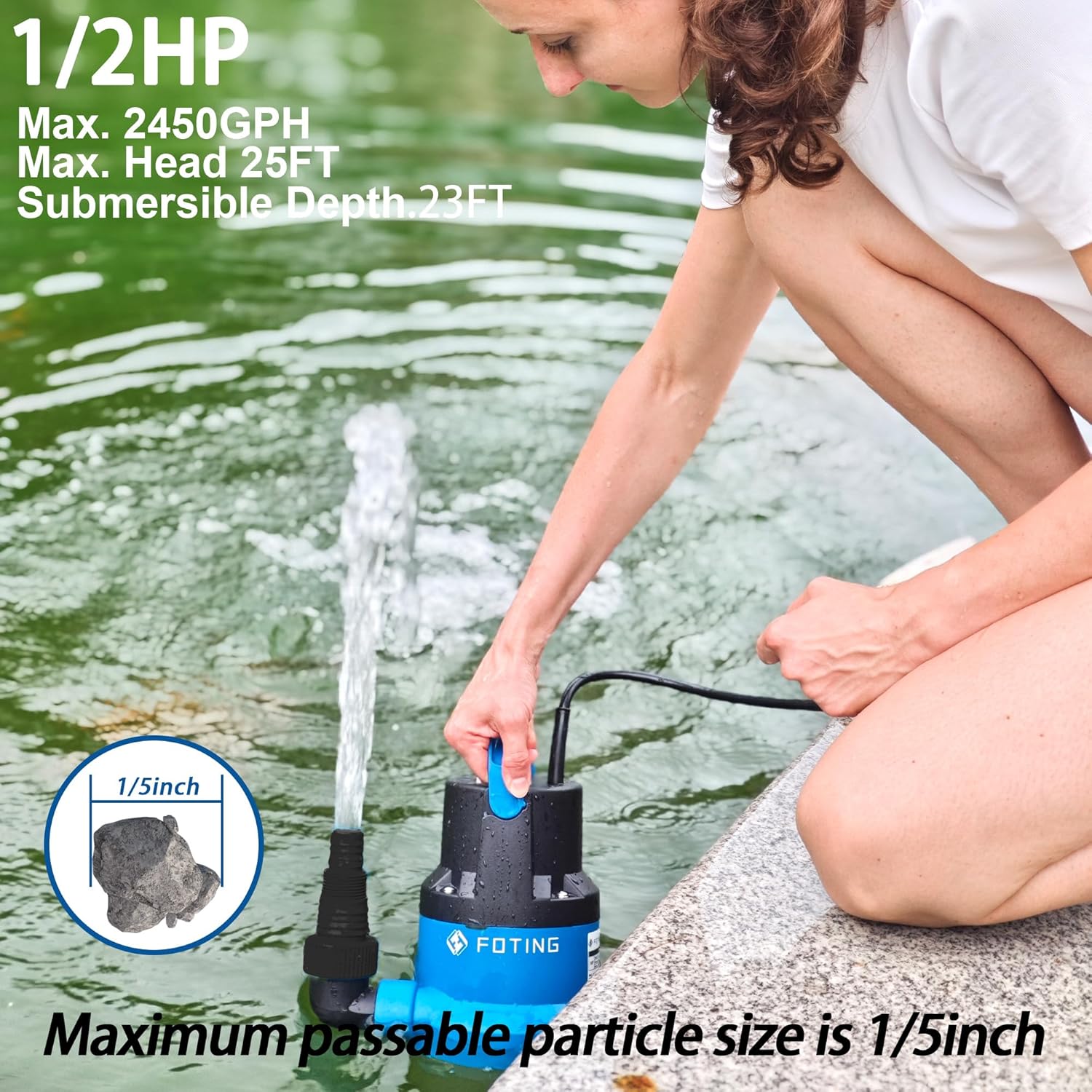 FOTING 1/2HP Submersible Water Pump with Stainless Steel Base - Removes Water to 0.04" Depth, 2450GPH Portable Sump Pump for Puddles, Pools, Boats