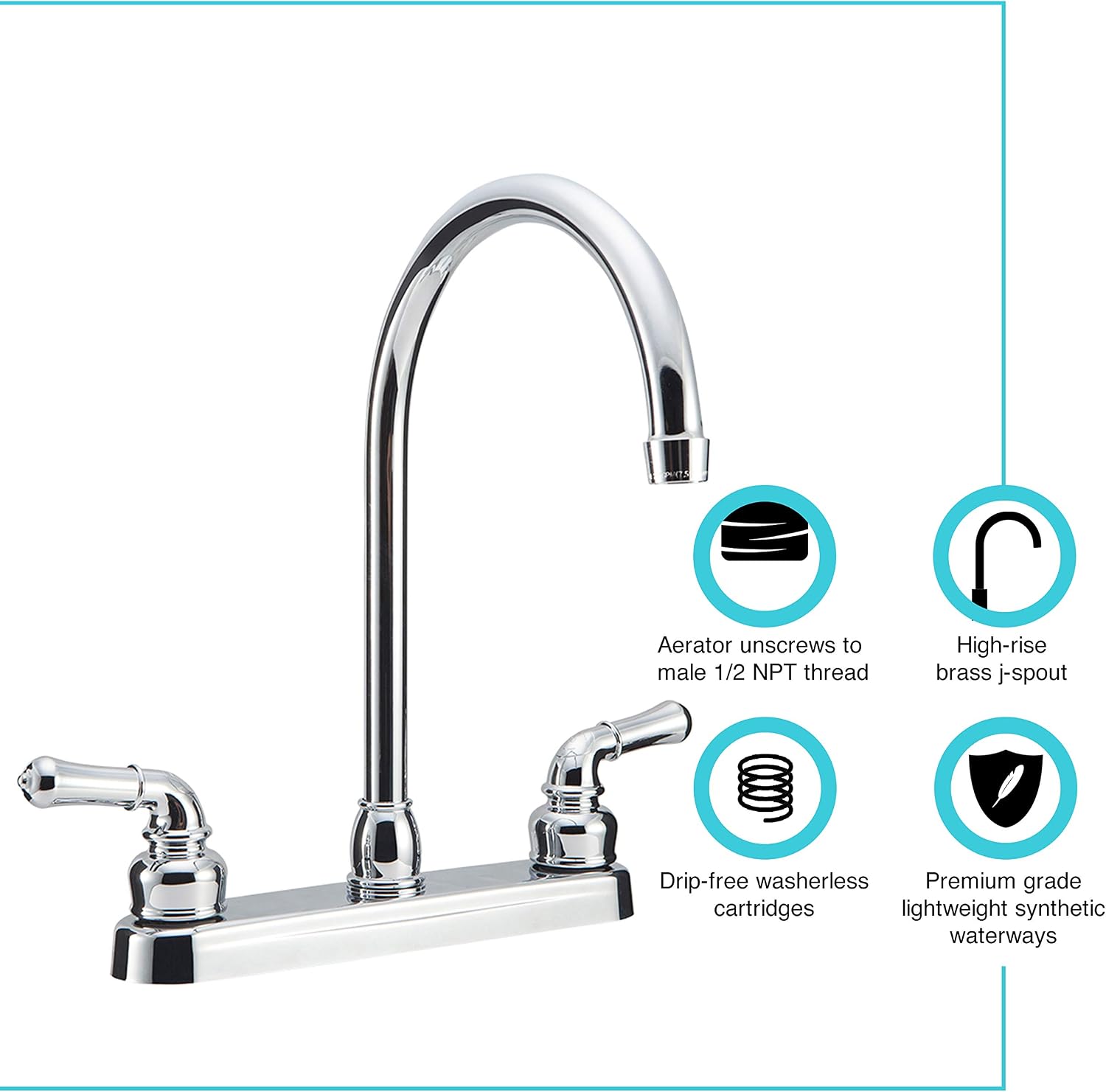 Dura Faucet DF-PK330HC-SN RV J-Spout Kitchen Sink Faucet (Satin Nickel) | Tall spout clears big pots; dual levers fine-tune water flow. Brushed Satin Nickel.