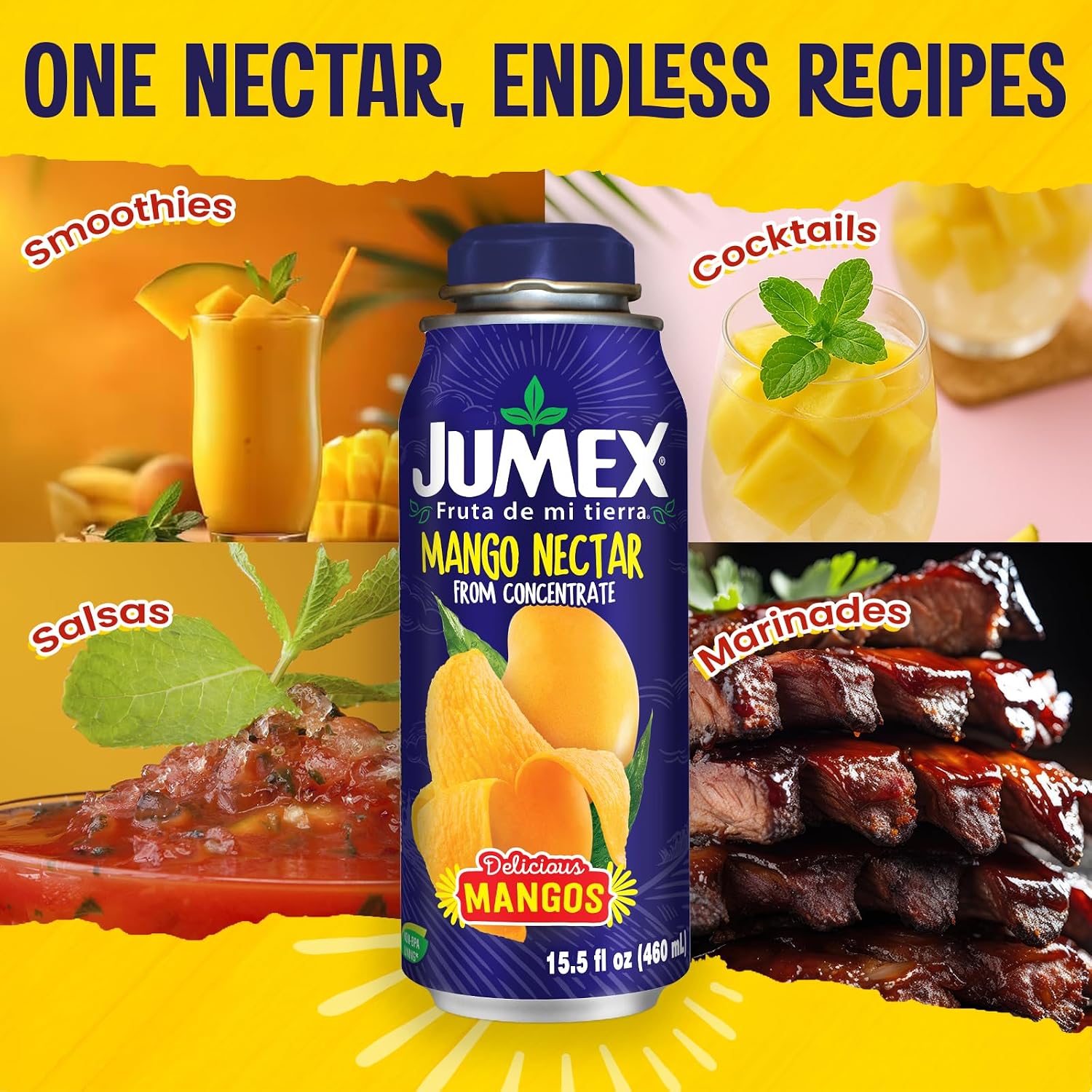 Jumex Mango Nectar Lata Botella - Made with Fresh Fruit Puree - Mango Juice Concentrate for Tropical Fruit Smoothie Mix, Cocktail Mixers & Kids Beverages - 15.5oz, 12 Pack Resealable Juice Bottles