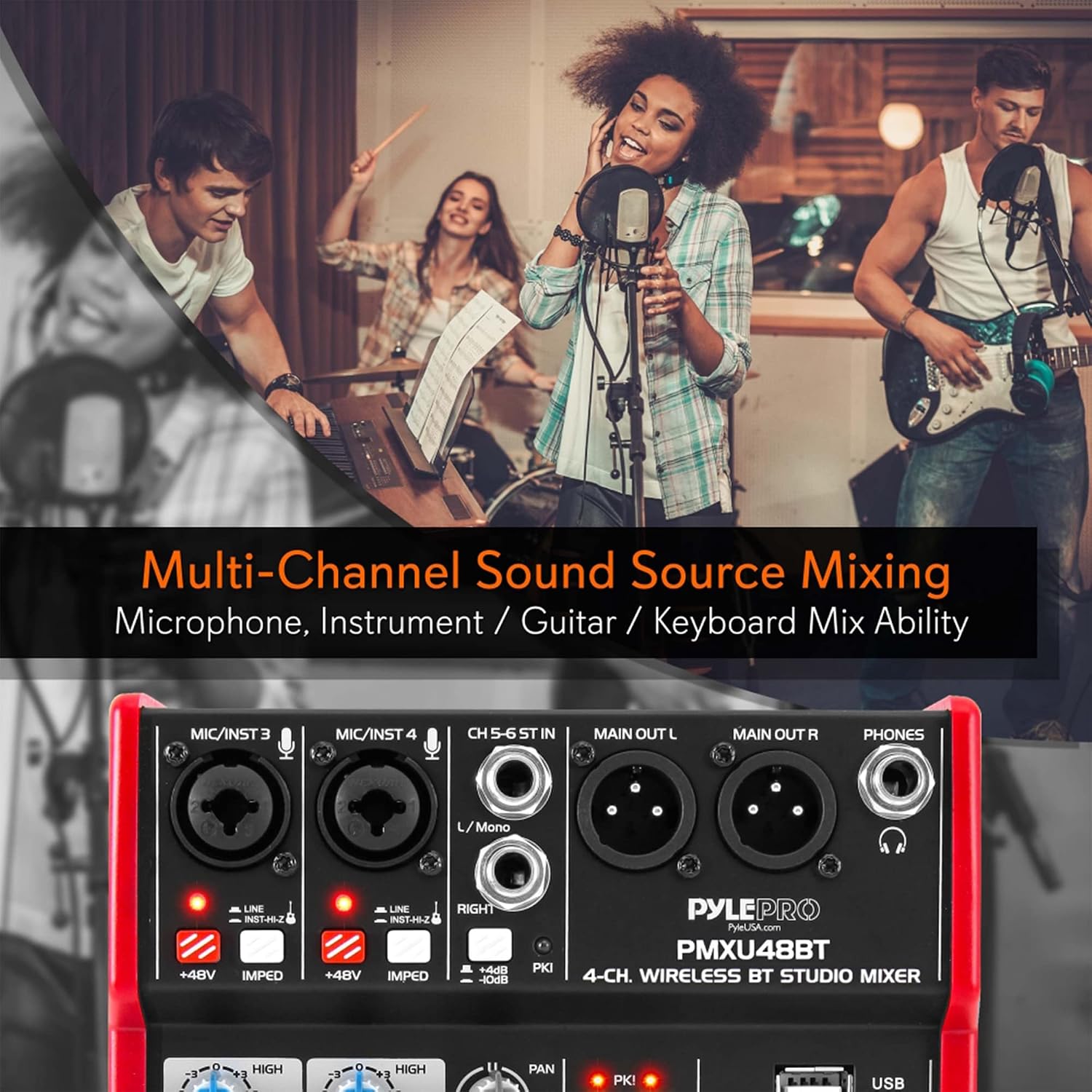 Pyle Studio Audio Sound Mixer Board - 4 Channel Bluetooth Compatible Professional Portable Digital DJ Mixing Console W/USB Mixer Audio Interface