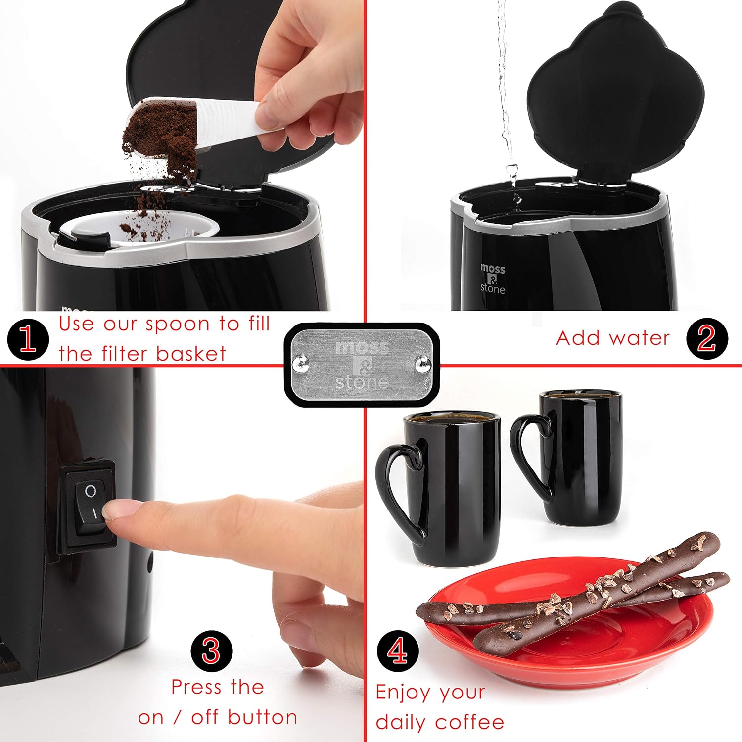 Moss & Stone 2-Cup Mini Drip Coffee Maker with 5oz Mugs, Small Coffee Pot