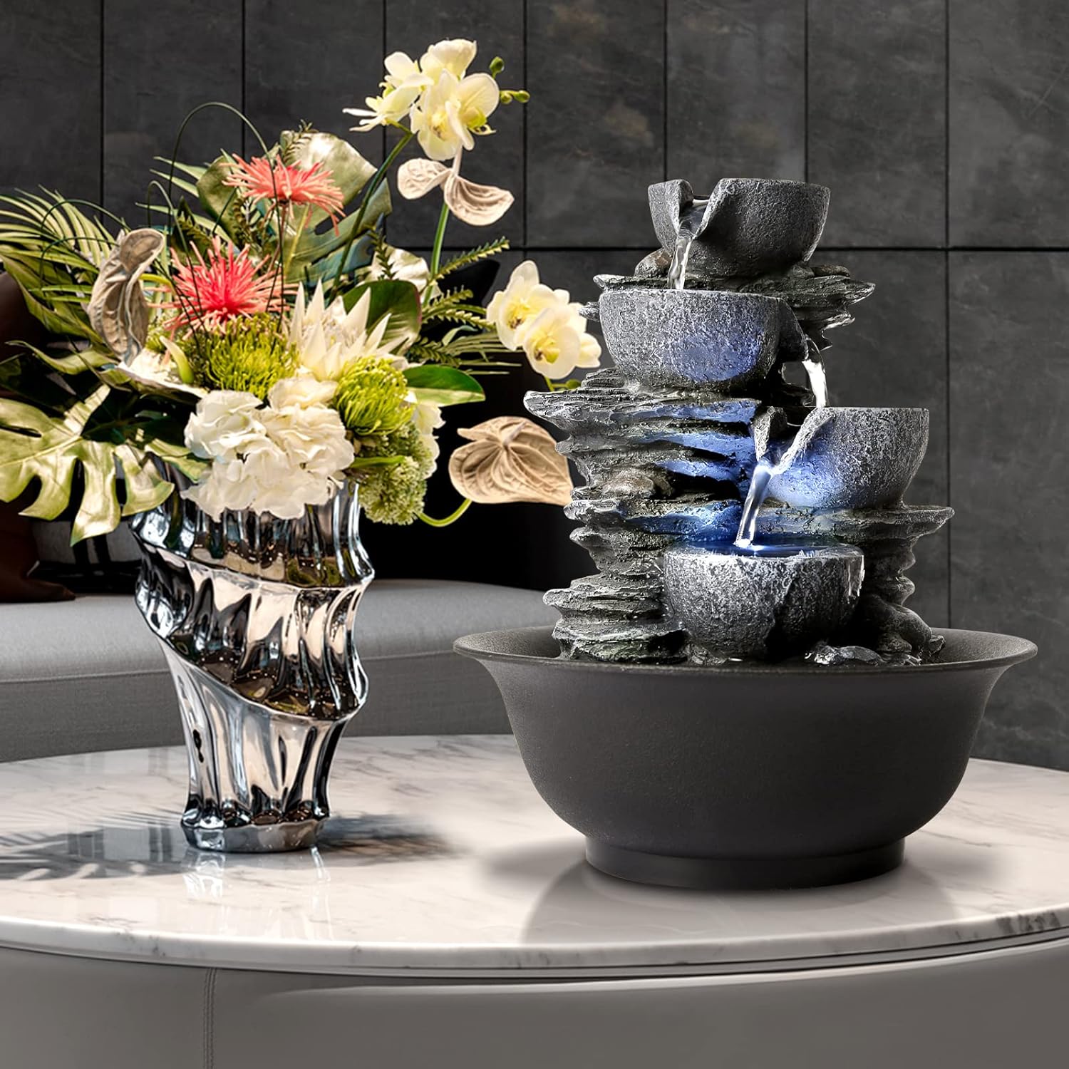 WICHEMI Indoor Water Fountain Tabletop Fountain Stacked Rock with LED Light | Relaxing Water Feature, Meditation Fountain, Soothing Sound, Stress Relief, For Home Office Bedroom Decor, 7.8"x7.8"x7.9"