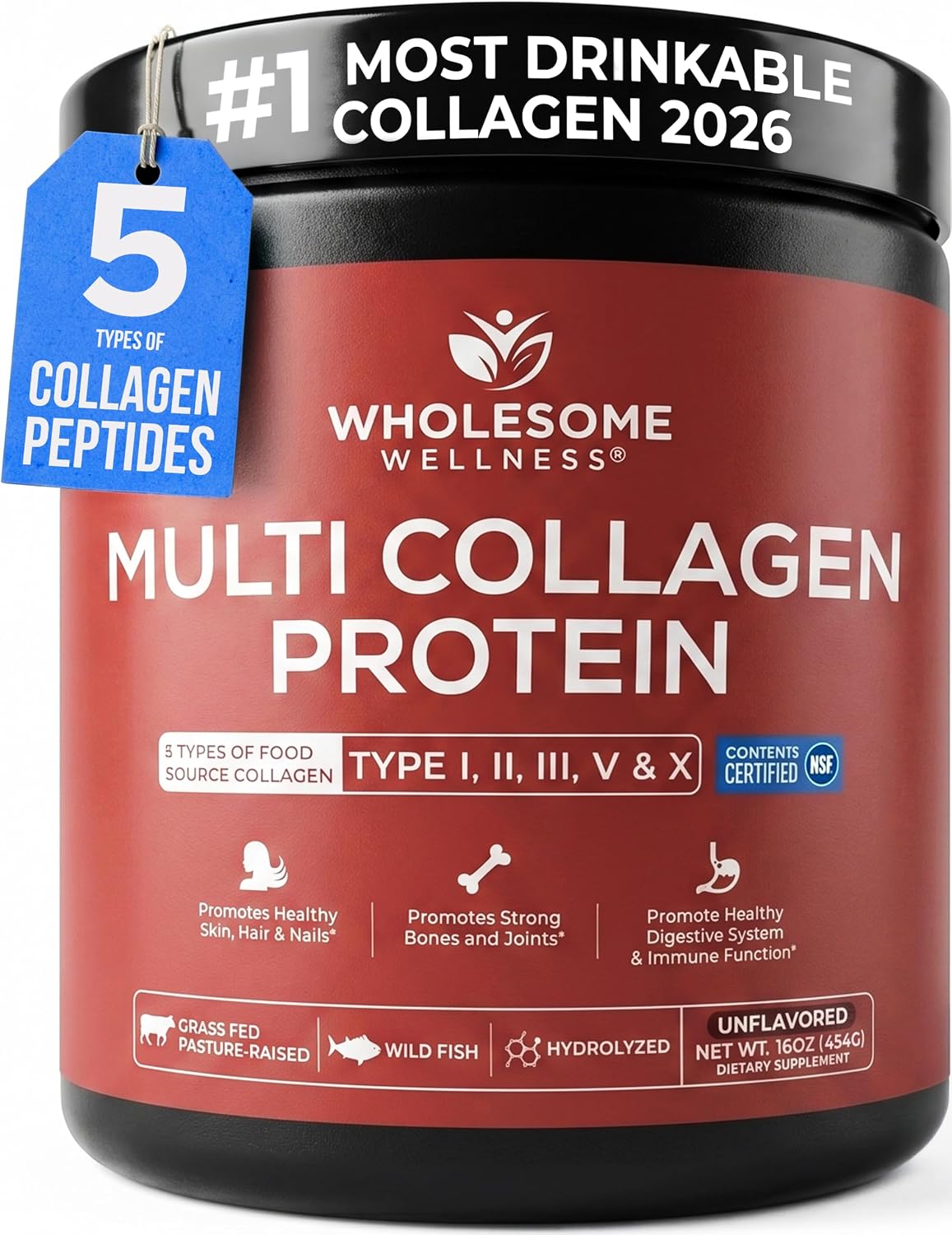 Wholesome Wellness Premium Multi Collagen Peptides Protein Powder for Women and Men, 5 Types of Hydrolyzed Collagen, Grass-Fed, Non-GMO & Unflavored