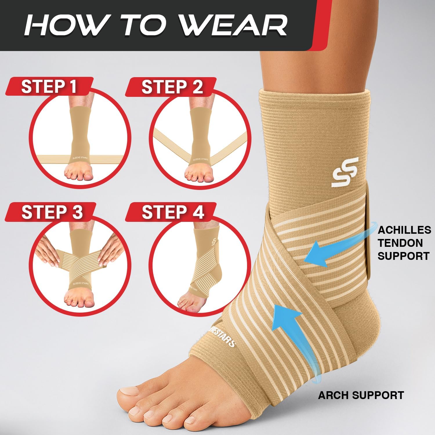 Sleeve Stars Ankle Brace for Women & Men, Ankle Wrap for Sprain, Compression Sleeve for Plantar Fasciitis Relief, Easy Customizable Support: w/ Removable Strap (Single/M:10"-12"/Black)