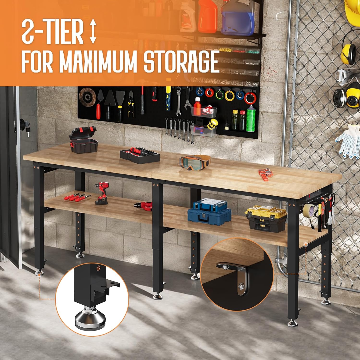 SPECRAFT Adjustable Black Heavy-Duty Workbench | 2000 Lbs Capacity, Rubber Wood Top, 4 AC Outlets and 2 USB Ports, for Garage, Workshop and Office