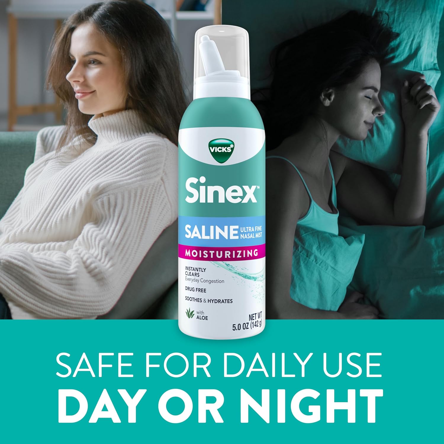Vicks Sinex Saline Moisturizing Nasal Spray, with Aloe, Drug Free Ultra Fine Mist, Clear Everyday Sinus Congestion Fast