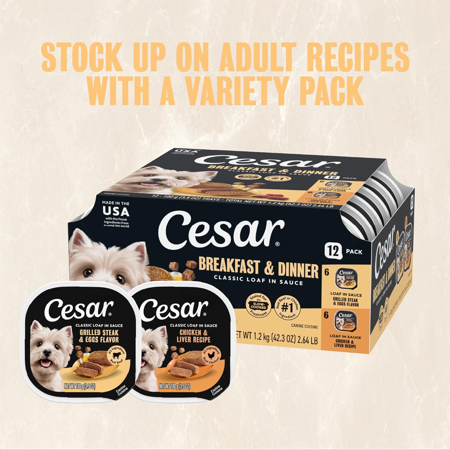 Cesar Classic Loaf Wet Dog Food, Meaty Selects, 3.5 oz, 12 Count, 2-Pack | Made in USA, Filet Mignon & Porterhouse Steak flavors, real beef #1 ingredient, no artificial flavors, easy peel trays