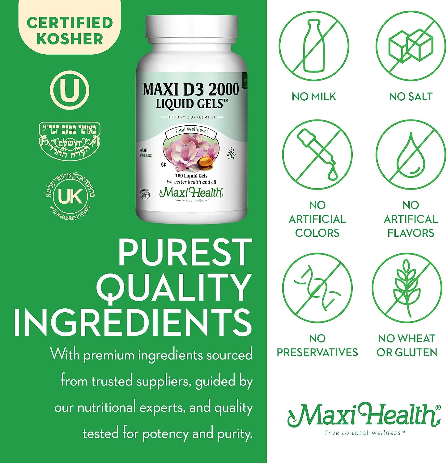 Maxi Health Kosher Vitamin D3 2000IU - Highly Absorbable Vitamin D Supplements for Healthy Immune Response, Calcium Absorption, Teeth & Bone Health - D3 Vitamin 2000 IU -180 Tablets