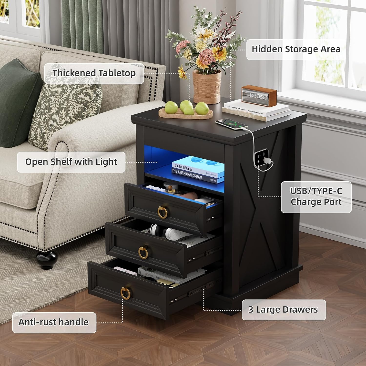 Smart LED Nightstand with Lockable Gun Drawer & Glass Top（Black） | Modern Bedside Table with Charging Station and Hidden Storage, LED Night Stand with 4 Drawers & Motion Sensor for Bedroom