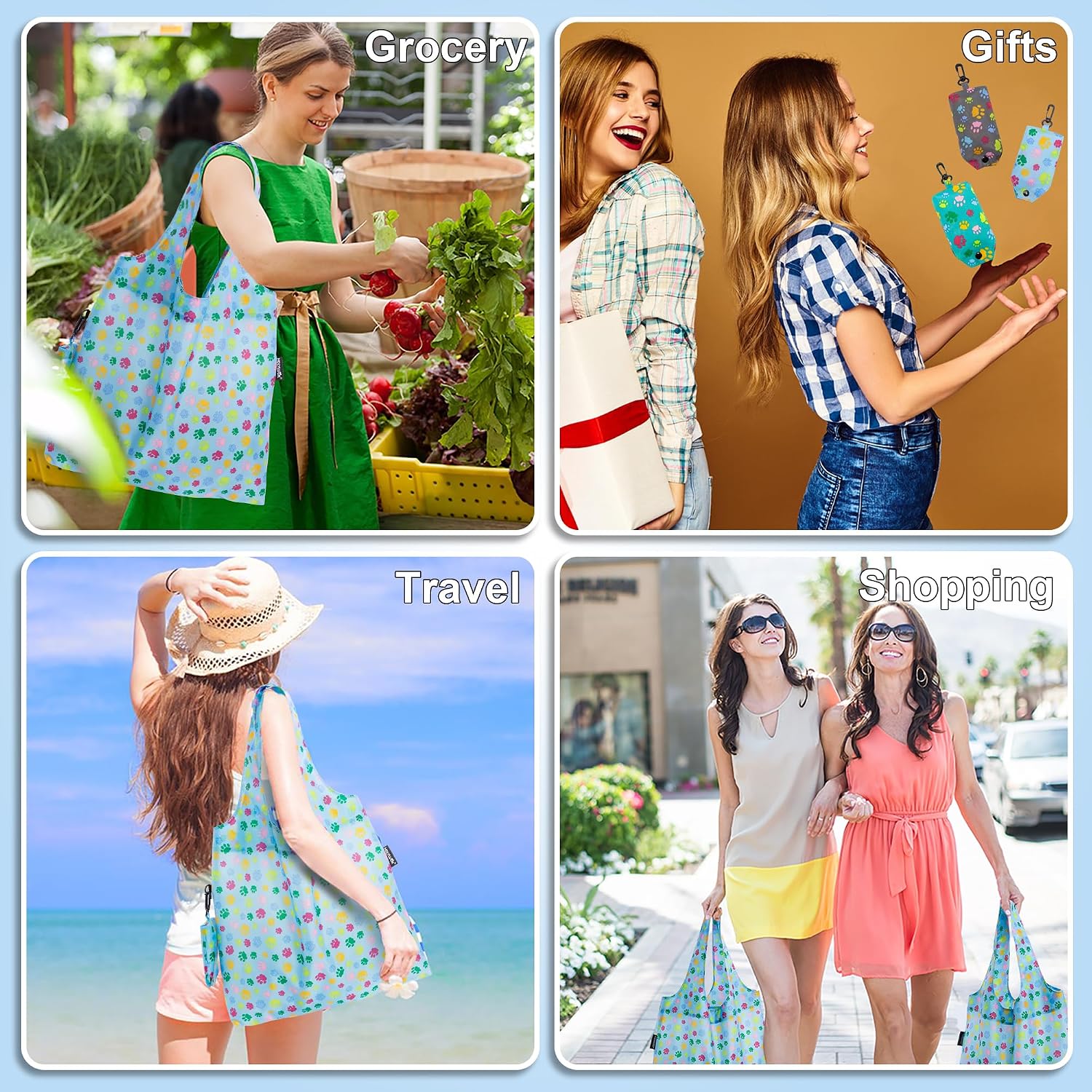 HOLYLUCK Reusable Grocery Bags,Heavy Duty Foldable Shopping Tote Bag (Standard, 3 Blue Geometric Flowers)