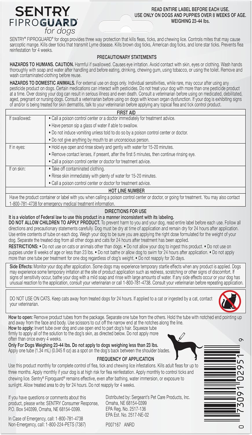 Sentry Fiproguard for Dogs, Flea and Tick Prevention for Dogs (23-44 Pounds), Includes 3 Month Supply of Topical Flea Treatments | Ideal for Medium Dogs 23-44 lbs; Kills Fleas, Ticks & Chewing Lice for 30 Days; 8 weeks+; Vet-Quality OTC Formula