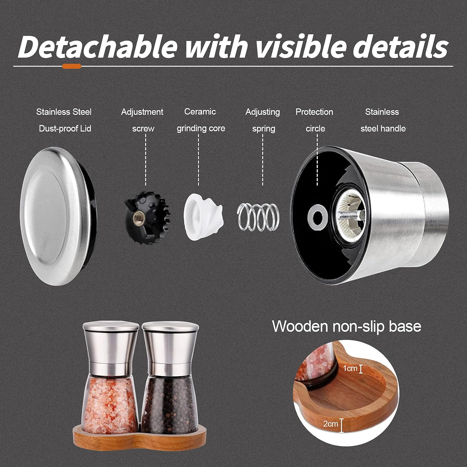 LessMo Salt and Pepper Grinder Set with Wooden Standing Tray