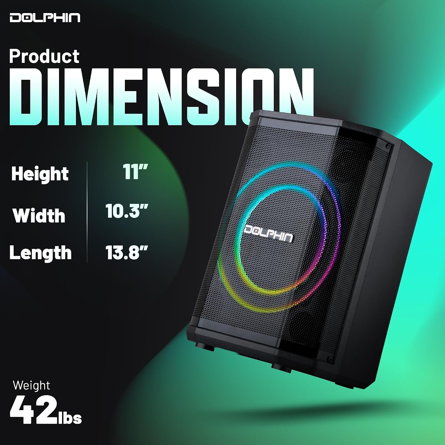Dolphin Bluetooth Party Speaker with Wireless Microphone, 8" Woofer | 40W RMS, 3D LED Ring Light, RGB Lights, TWS Pairing, USB/AUX