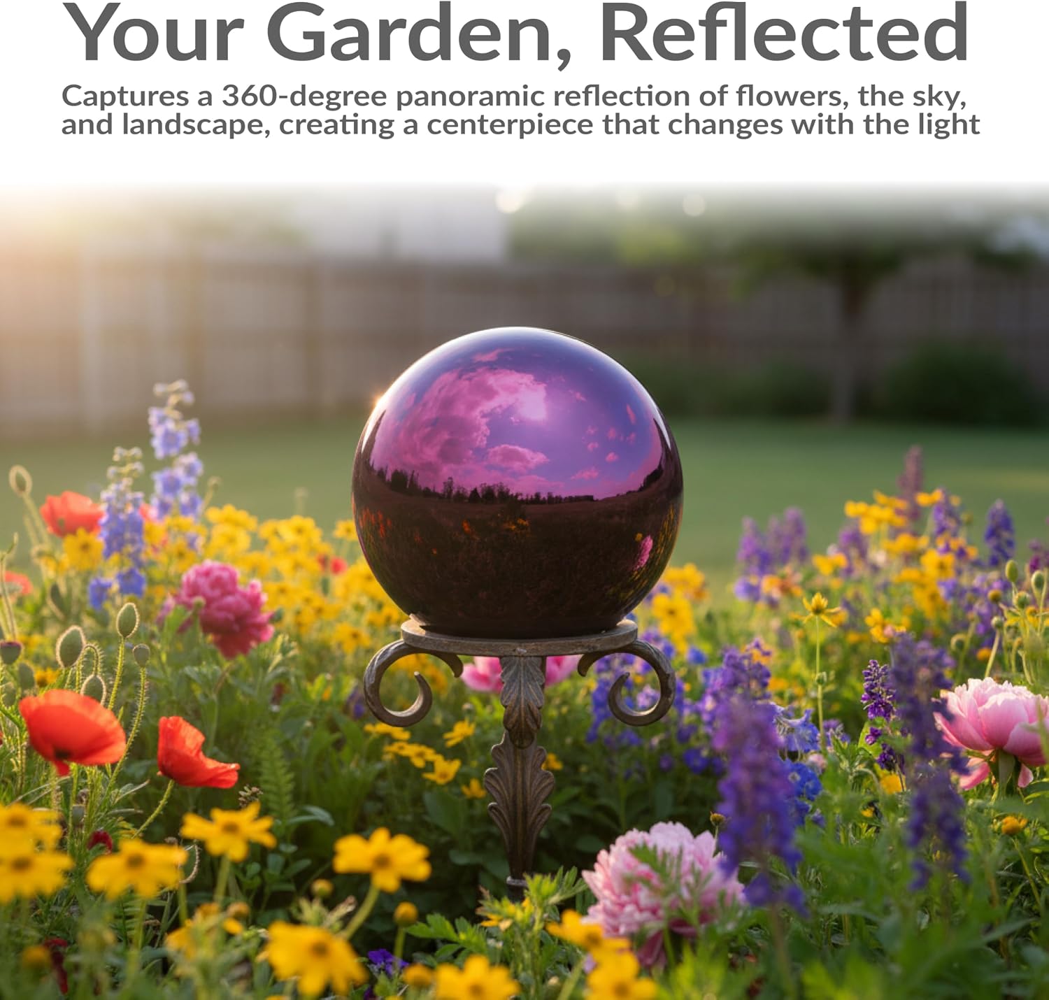 Sunnydaze 10-Inch Handblown Mirrored Glass Gazing Ball, Red | Reflective Outdoor Garden Globe Sphere, for Yard, Patio, Flower Bed, Walkway, and Landscape Decor, Stainless Steel Finish