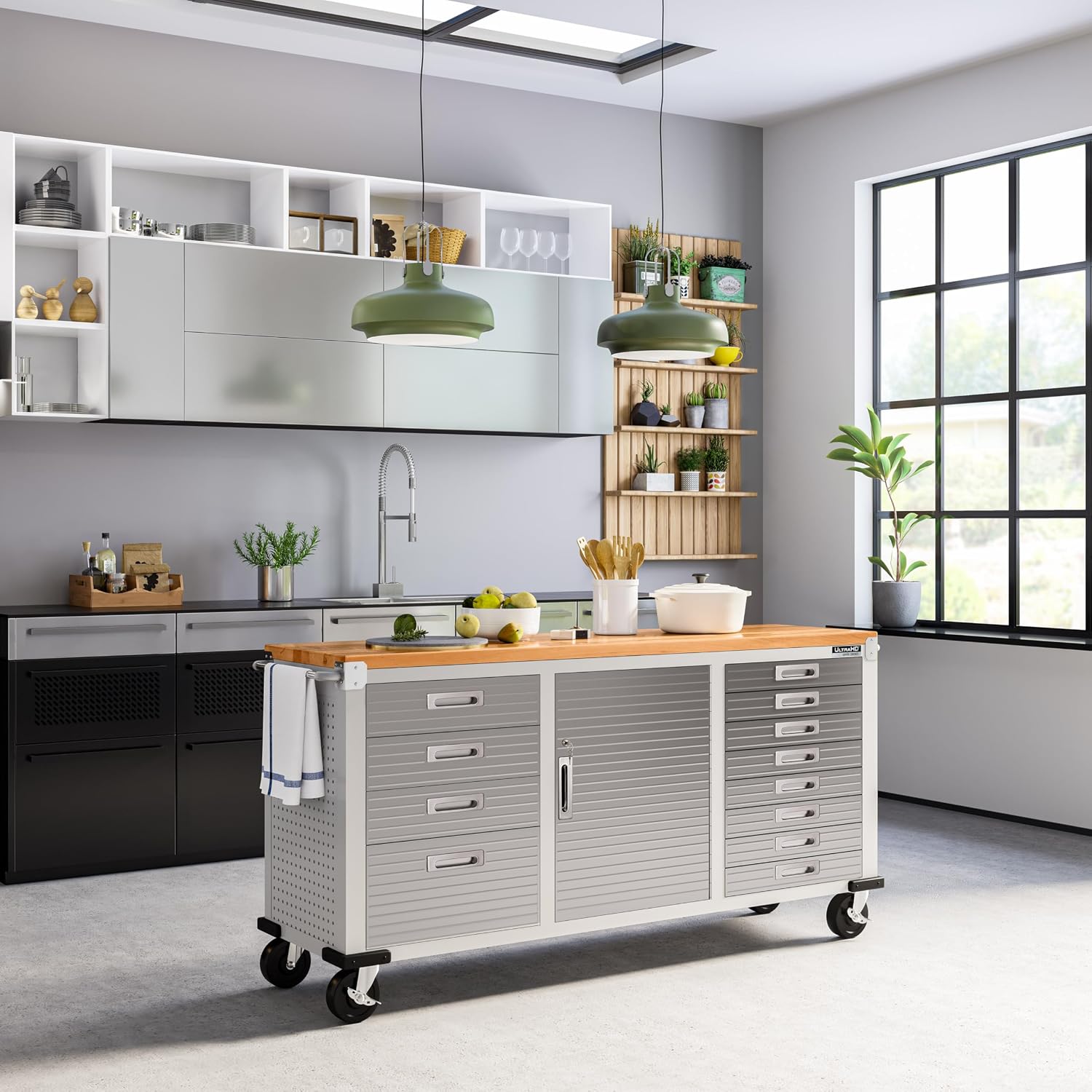 Seville Classics UltraHD Heavy Duty Rolling Cabinet Workbench Table w/Solid Wood Top, Workstation for Garage, Warehouse, Office, Workshop, 77" W x 20" D x 37.5" H, Graphite, 11-Drawer