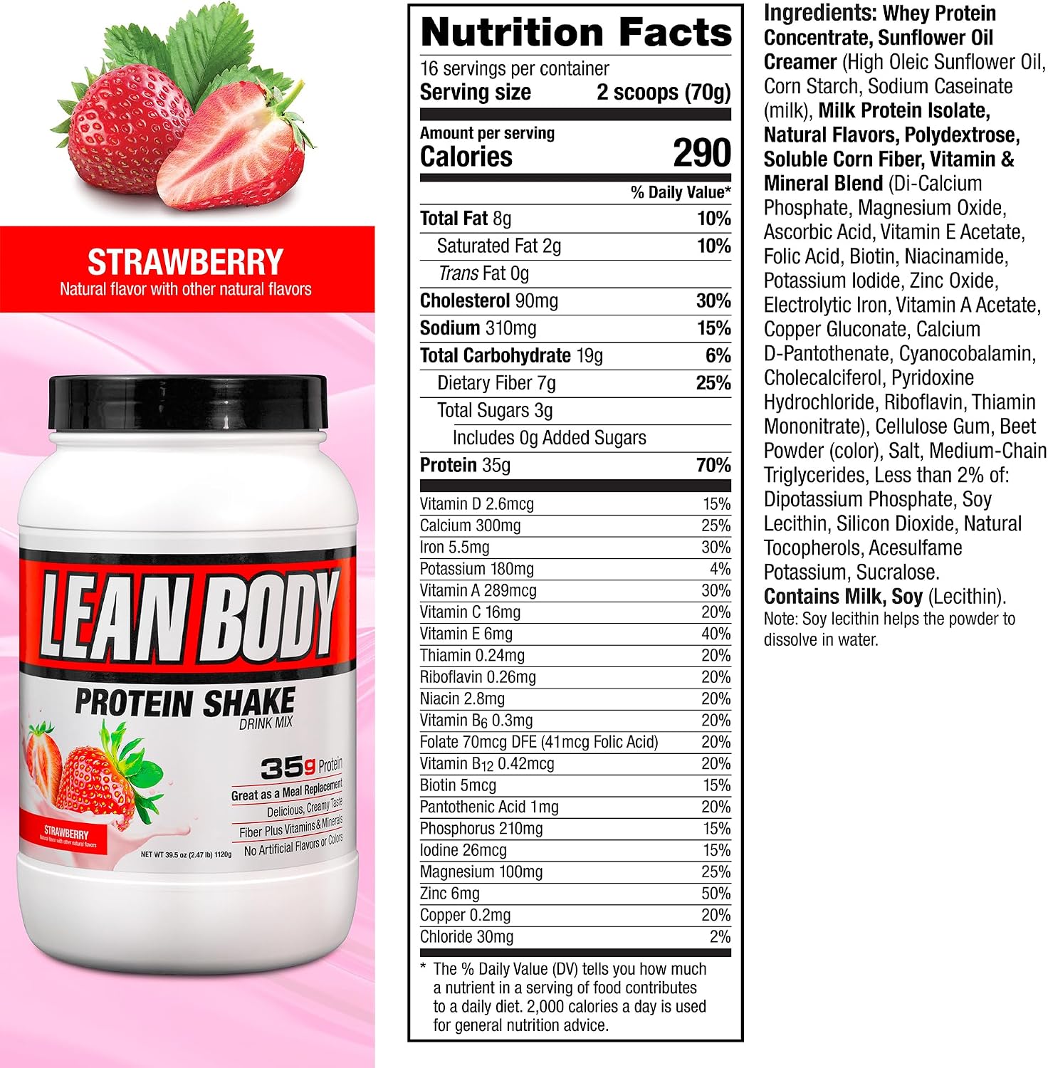 Labrada Nutrition Lean Body Hi-Protein Shake, Strawberry, 2.47-Pound Tub Strawberry Packaging May Vary