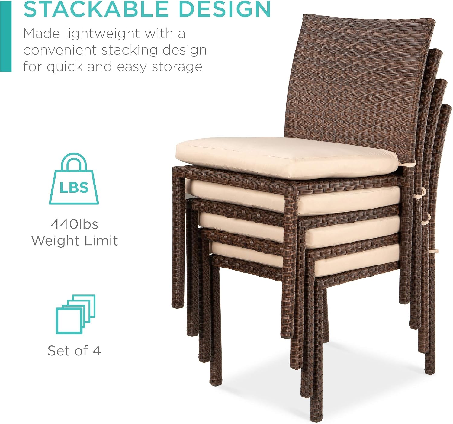 Best Choice Products Set of 4 Stackable Outdoor Patio Wicker Chairs w/Cushions, UV-Resistant Finish, and Steel Frame - Brown/Red