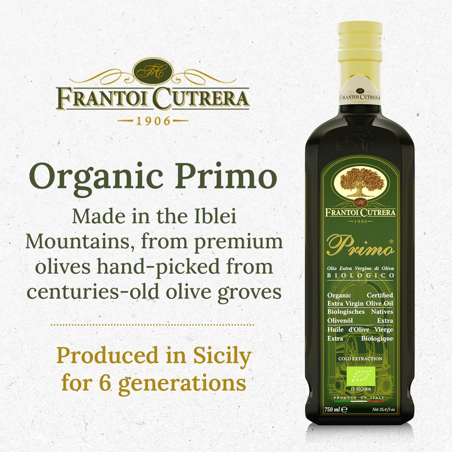 Frantoi Cutrera Primo Cold Extracted Italian Extra Virgin Olive Oil Cold Pressed, Polyphenol Rich Olive Oil, Authentic Certified DOP Sicilian EVOO Imported From Italy, 25.4 fl oz (Pack of 1)