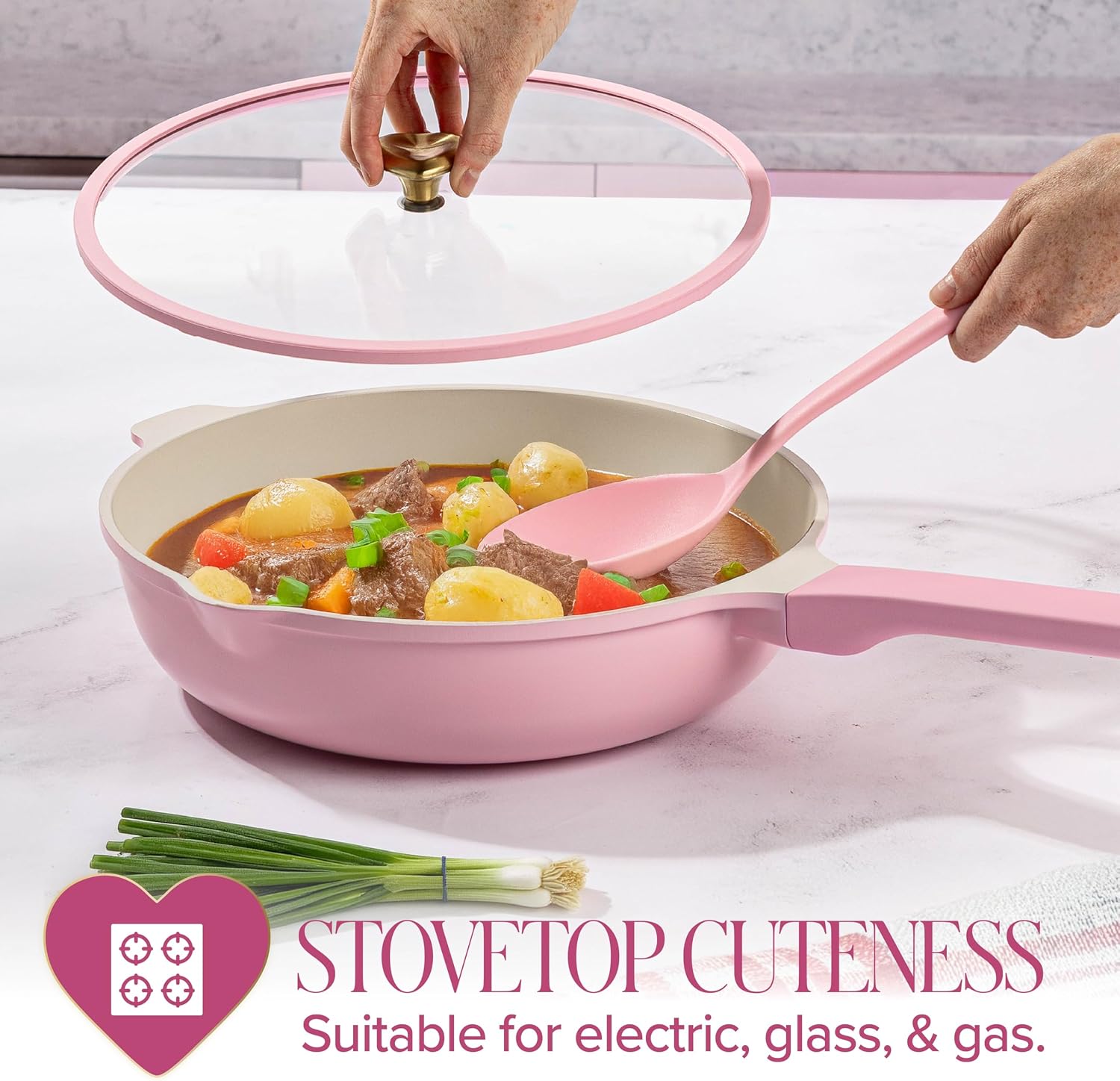 Paris Hilton Cast Aluminum Dutch Oven with Lid, Ceramic Nonstick Coating Made Without PFAS, PFOA, PFOS & PTFE, Heart Knob, 4.3-Quart, Pink