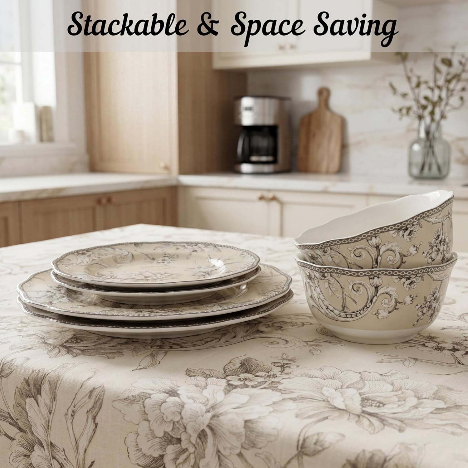 222 Fifth Adelaide 16-Piece Black Porcelain Dinnerware Set – Service for 4, Featuring Hand-Applied Romantic Woodland Bird Design