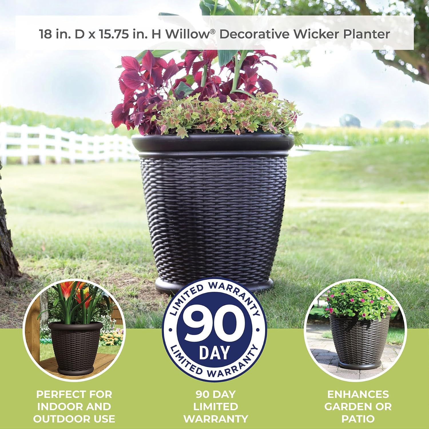 Suncast Wicker Planter w/ Drillable Drain Holes, Decorative Indoor/Outdoor Pot, 18in, Java