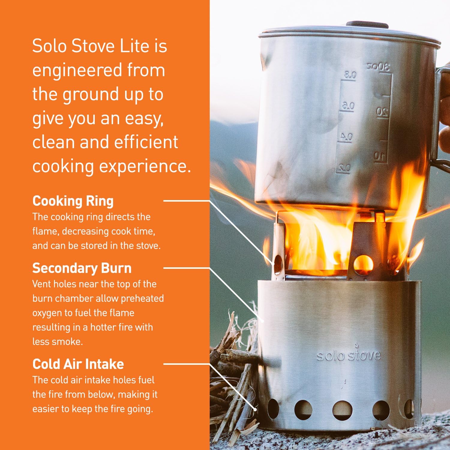 Solo Stove Lite & Pot 900 Set: Portable, Wood Burning Campstove + 900 ml Pot | Incl. Nylon Sack, For 1-2 People, 304 Stainless Steel