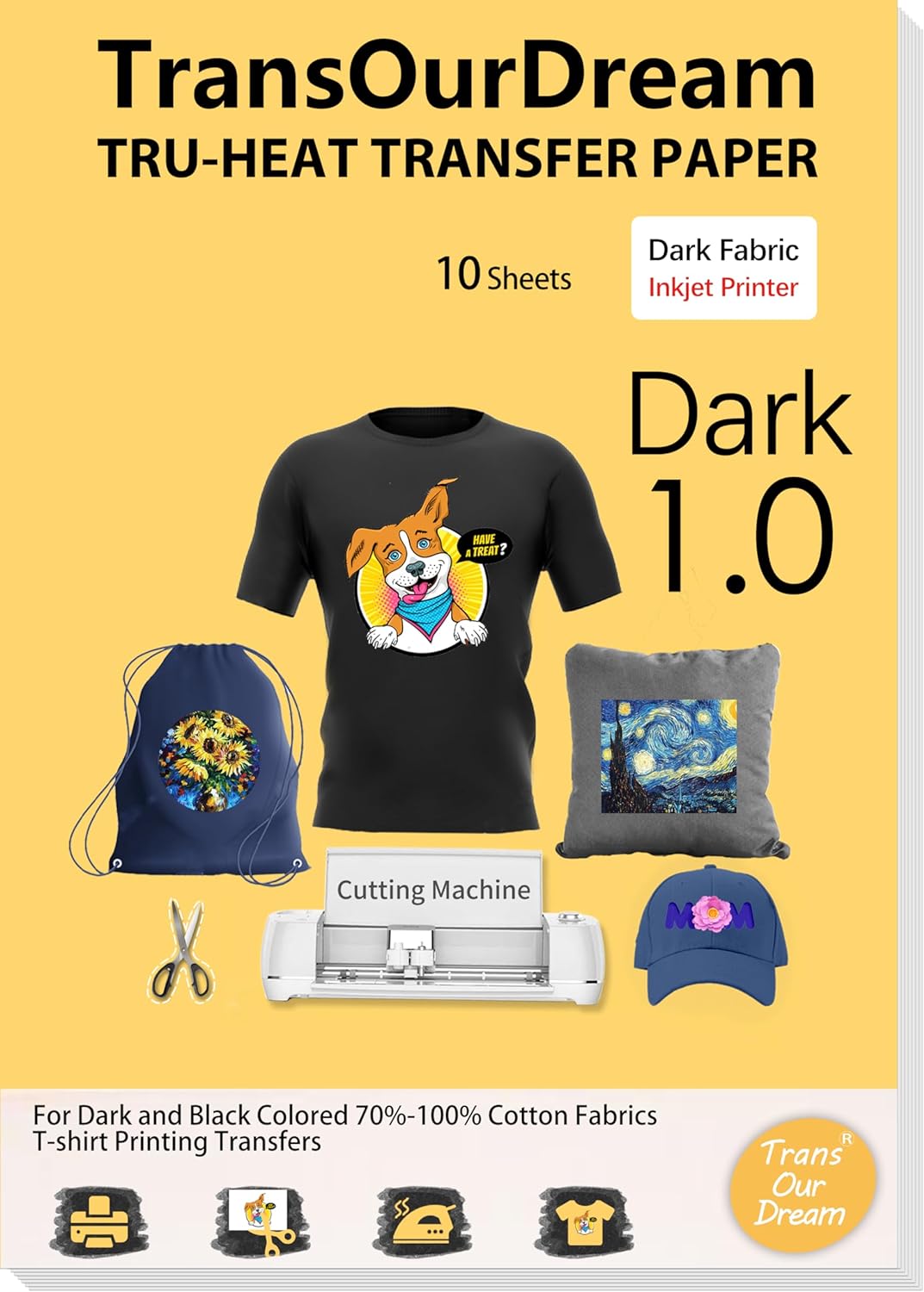 TransOurDream Heat Transfer Paper for Dark T Shirts(10 Sheets, 8.5x11),Printable HTV Heat Transfer Vinyl for Inkjet Printers