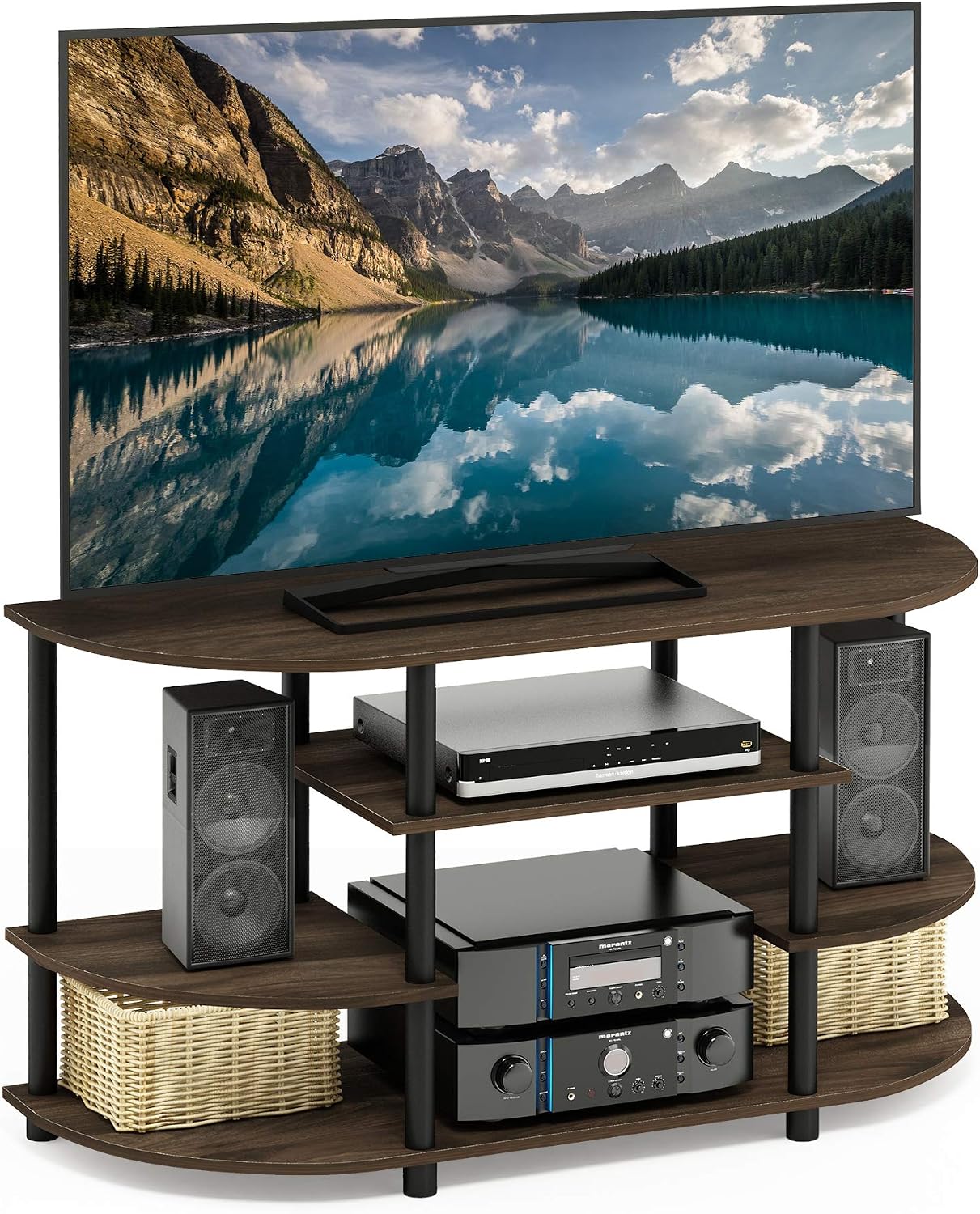 Furinno Turn-N-Tube No Tools Entertainment Center, Round Square Corner, French Oak Grey/Black | Raised Top, Open Shelves TV Console with for TV up to 32 Inch, for Living Room, Bedroom