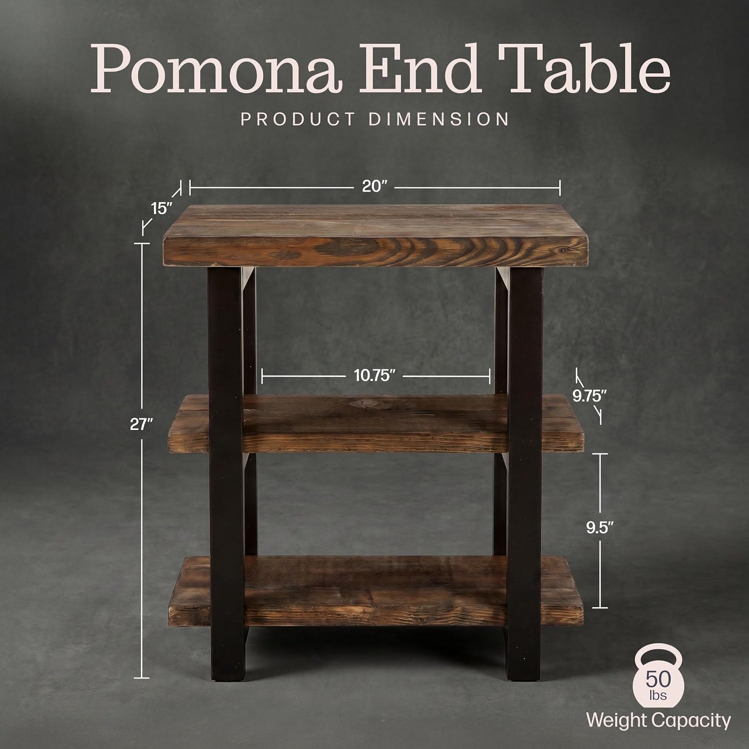 Alaterre Furniture Pomona Solid Wood 2-Tier End Table, Rustic Brown, 27” | Nightstand with Storage Shelf and Metal Legs, Industrial Farmhouse Chair Side Table for Living Room or Bedroom