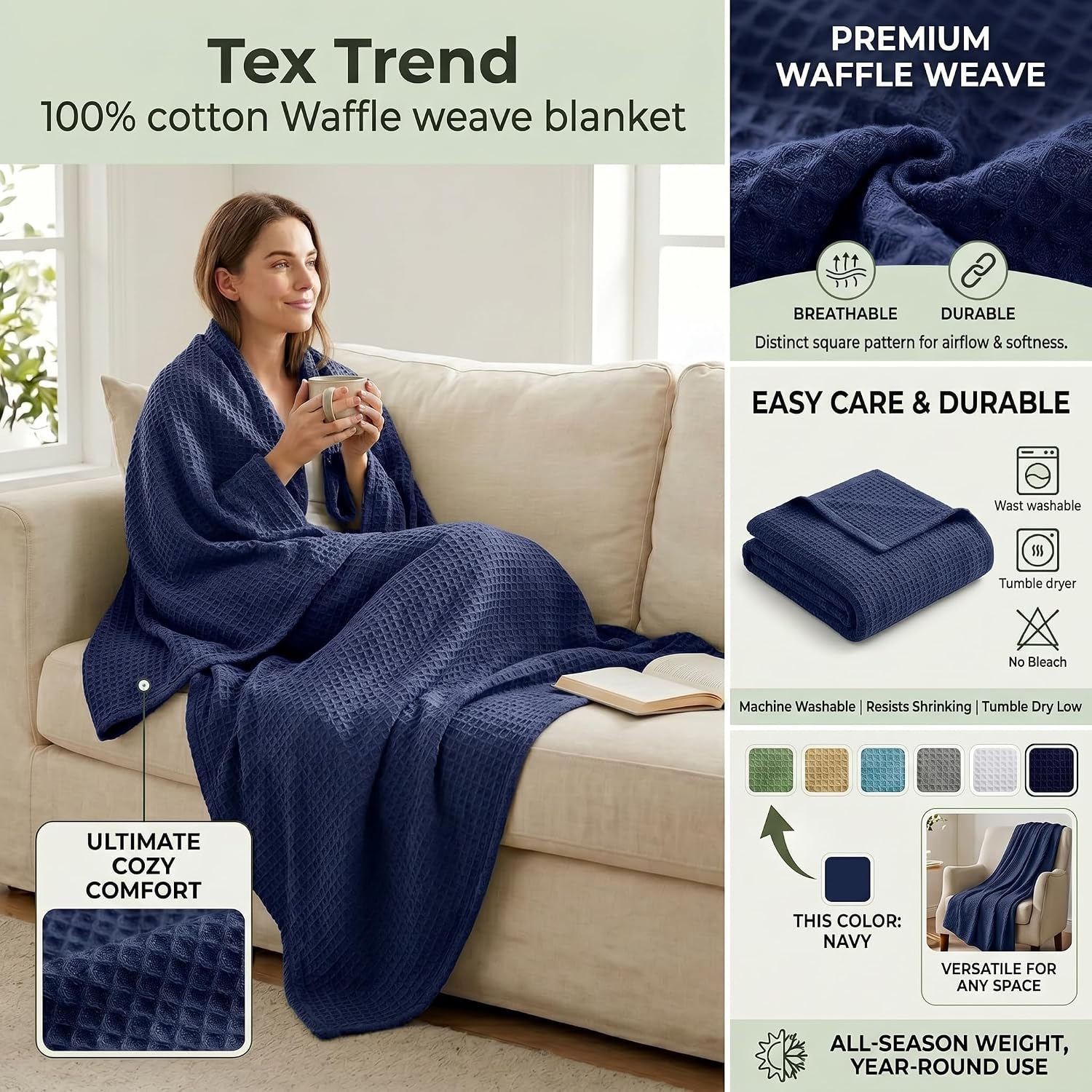 Tex Trend 100% Cotton Waffle Weave Blanket Queen Size - Soft, Breathable Cooling Blanket for Bed, Lightweight Cozy Summer & Spring Bedding, Grey, 90x90